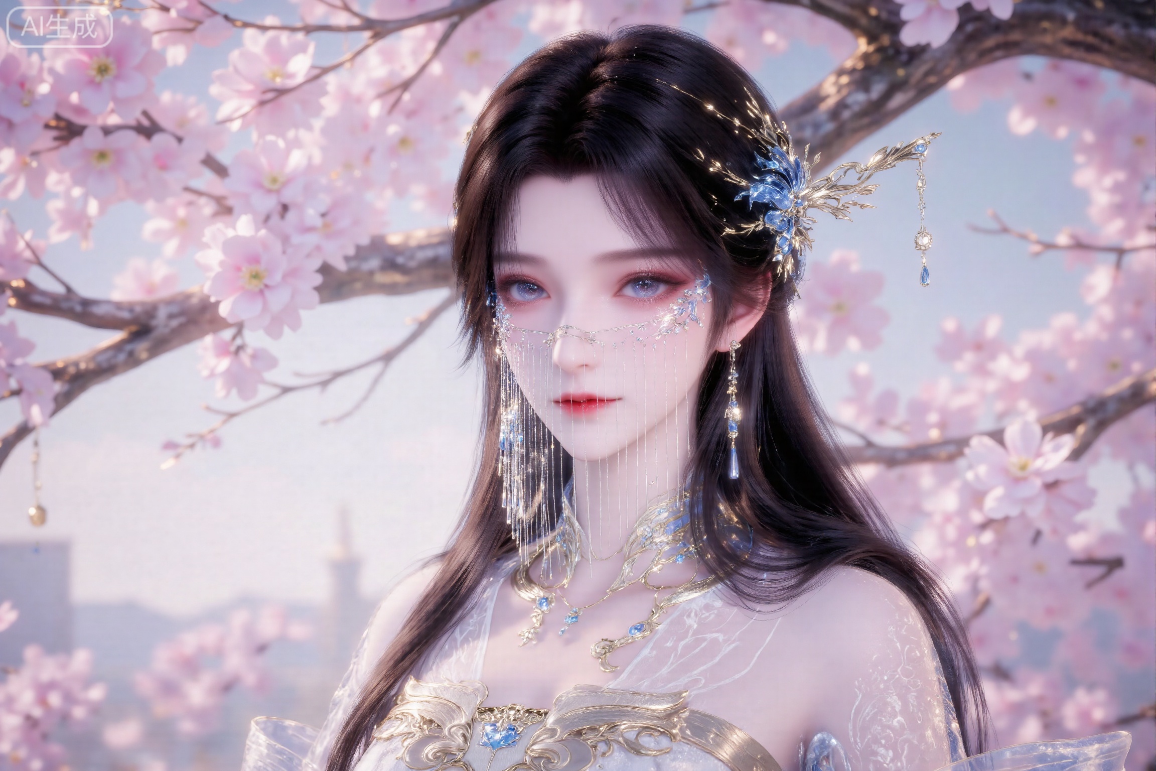 High - definition 8K, ultra - detailed. Xianxia - style beauty, long flowing dark hair with exquisite silver and gemstone hair ornaments. Large, charming peach - blossom eyes with delicate makeup, bright red lips, porcelain - like smooth and flawless skin. Wearing a light purple and translucent fairy - like gown with elaborate golden embroidery patterns, soft and flowing silk sleeves, adorned with shiny gold and gemstone accessories. The background is a dreamy scene of pink cherry blossoms in full bloom, with petals gently falling, branches elegantly stretching, and a soft, diffused light creating a celestial atmosphere. Rendered with Unreal Engine - like textures, in a neo - traditional Chinese color palette of light purple, pink, and light blue gradients, with particle effects for a more ethereal feel. Fantasy realism style, trending on ArtStation.,anmy