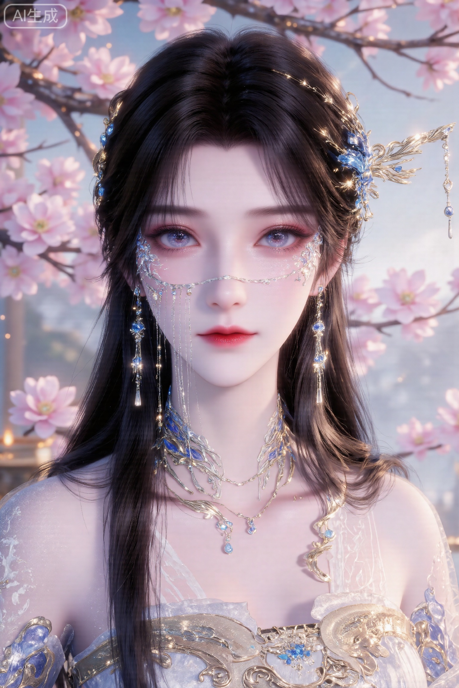 High - definition 8K, ultra - detailed. Xianxia - style beauty, long flowing dark hair with exquisite silver and gemstone hair ornaments. Large, charming peach - blossom eyes with delicate makeup, bright red lips, porcelain - like smooth and flawless skin. Wearing a light purple and translucent fairy - like gown with elaborate golden embroidery patterns, soft and flowing silk sleeves, adorned with shiny gold and gemstone accessories. The background is a dreamy scene of pink cherry blossoms in full bloom, with petals gently falling, branches elegantly stretching, and a soft, diffused light creating a celestial atmosphere. Rendered with Unreal Engine - like textures, in a neo - traditional Chinese color palette of light purple, pink, and light blue gradients, with particle effects for a more ethereal feel. Fantasy realism style, trending on ArtStation.,anmy