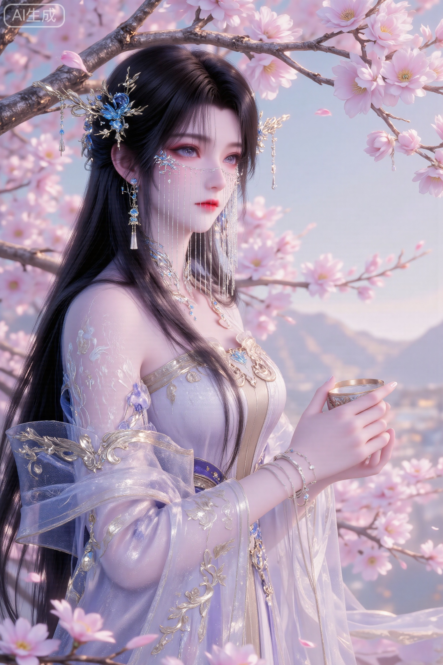High - definition 8K, ultra - detailed. Xianxia - style beauty, long flowing dark hair with exquisite silver and gemstone hair ornaments. Large, charming peach - blossom eyes with delicate makeup, bright red lips, porcelain - like smooth and flawless skin. Wearing a light purple and translucent fairy - like gown with elaborate golden embroidery patterns, soft and flowing silk sleeves, adorned with shiny gold and gemstone accessories. The background is a dreamy scene of pink cherry blossoms in full bloom, with petals gently falling, branches elegantly stretching, and a soft, diffused light creating a celestial atmosphere. Rendered with Unreal Engine - like textures, in a neo - traditional Chinese color palette of light purple, pink, and light blue gradients, with particle effects for a more ethereal feel. Fantasy realism style, trending on ArtStation.,anmy