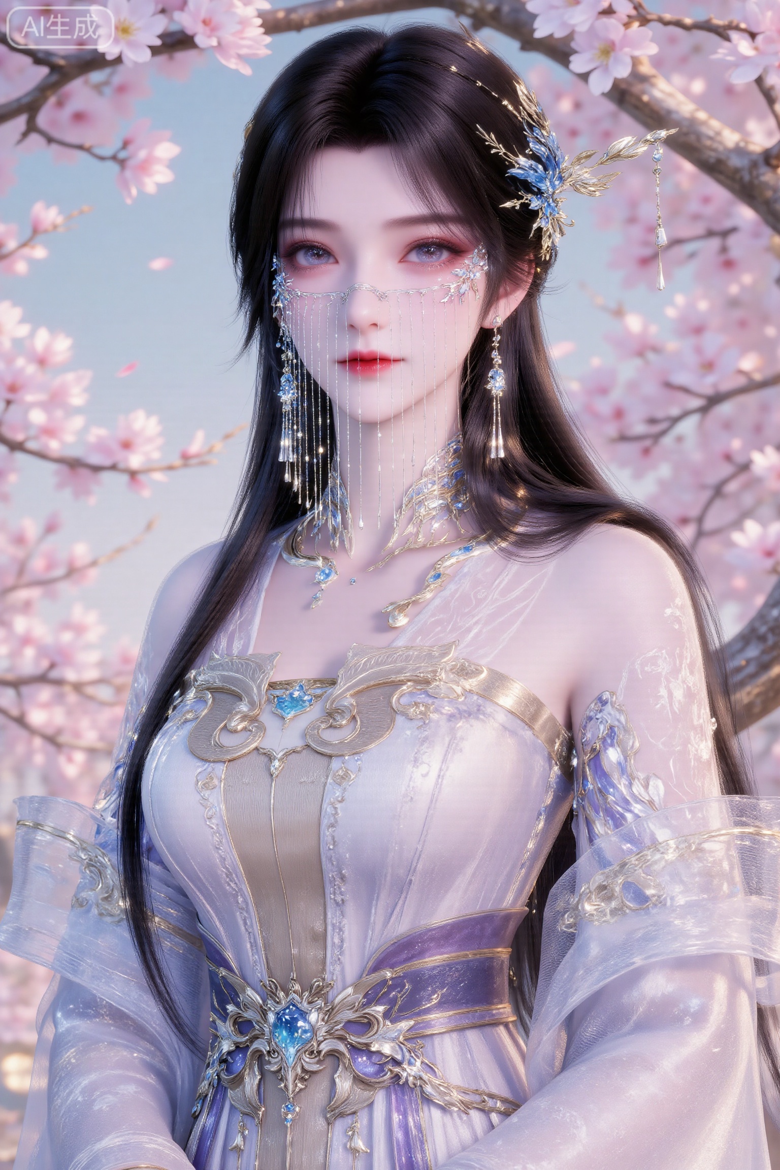 High - definition 8K, ultra - detailed. Xianxia - style beauty, long flowing dark hair with exquisite silver and gemstone hair ornaments. Large, charming peach - blossom eyes with delicate makeup, bright red lips, porcelain - like smooth and flawless skin. Wearing a light purple and translucent fairy - like gown with elaborate golden embroidery patterns, soft and flowing silk sleeves, adorned with shiny gold and gemstone accessories. The background is a dreamy scene of pink cherry blossoms in full bloom, with petals gently falling, branches elegantly stretching, and a soft, diffused light creating a celestial atmosphere. Rendered with Unreal Engine - like textures, in a neo - traditional Chinese color palette of light purple, pink, and light blue gradients, with particle effects for a more ethereal feel. Fantasy realism style, trending on ArtStation.,anmy