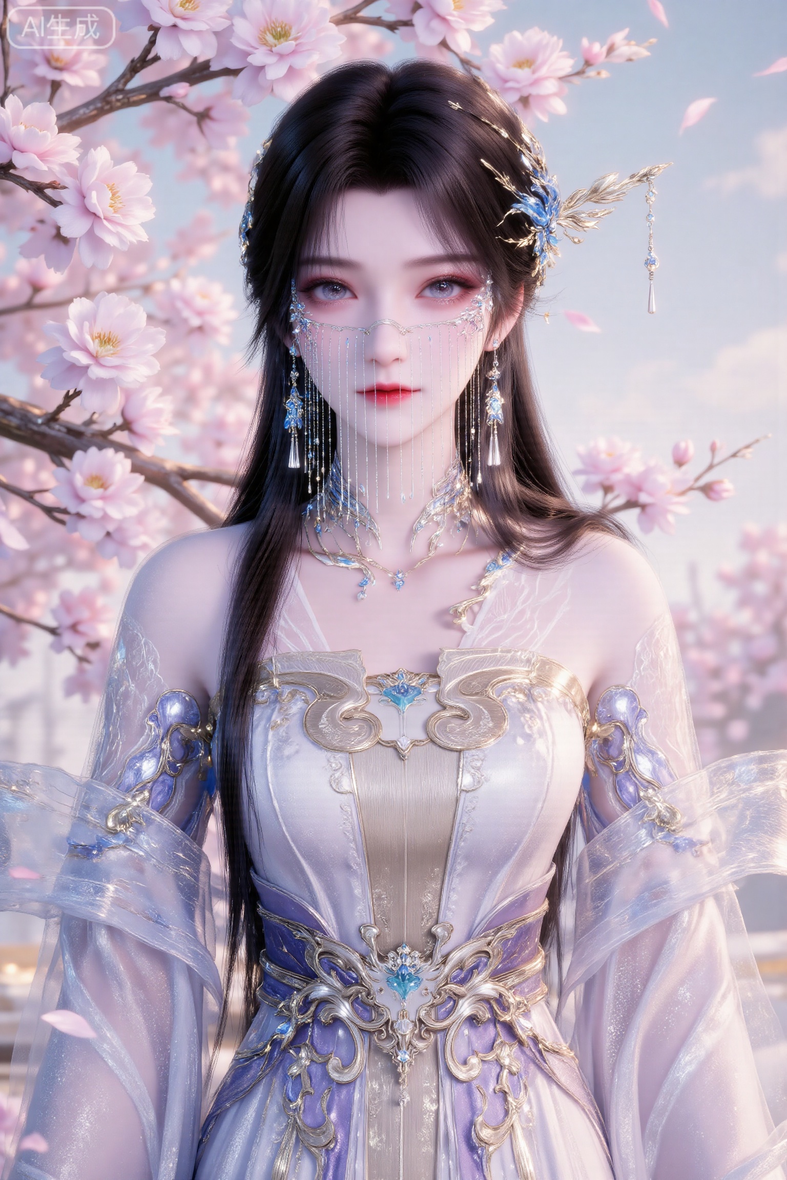 High - definition 8K, ultra - detailed. Xianxia - style beauty, long flowing dark hair with exquisite silver and gemstone hair ornaments. Large, charming peach - blossom eyes with delicate makeup, bright red lips, porcelain - like smooth and flawless skin. Wearing a light purple and translucent fairy - like gown with elaborate golden embroidery patterns, soft and flowing silk sleeves, adorned with shiny gold and gemstone accessories. The background is a dreamy scene of pink cherry blossoms in full bloom, with petals gently falling, branches elegantly stretching, and a soft, diffused light creating a celestial atmosphere. Rendered with Unreal Engine - like textures, in a neo - traditional Chinese color palette of light purple, pink, and light blue gradients, with particle effects for a more ethereal feel. Fantasy realism style, trending on ArtStation.,anmy