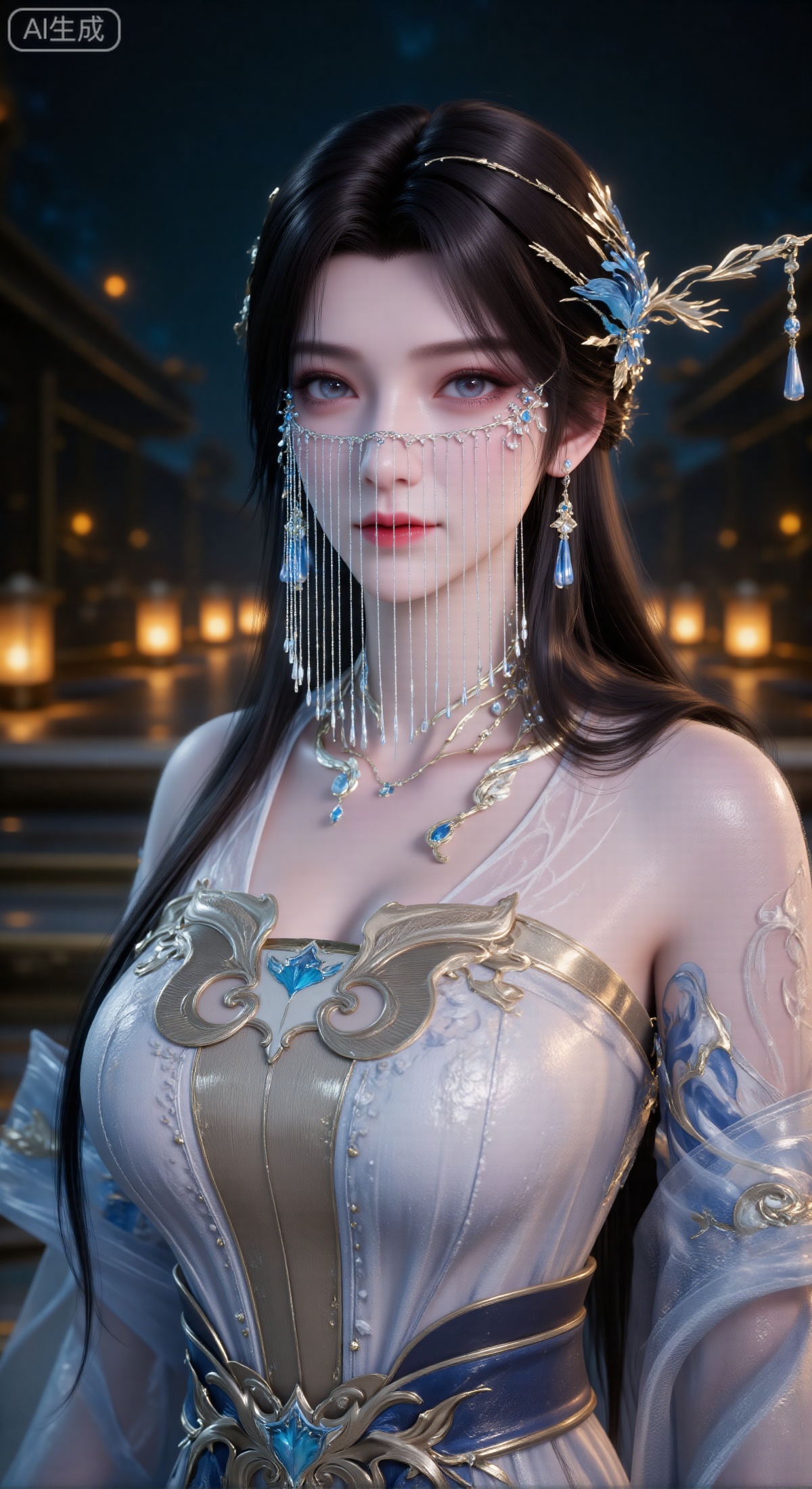 masterpiece:1.2),best quality,high resolution,unity 8k wallpaper,(illustration:1),perfect lighting,extremely detailed CG,finely detail,extremely detailed,soft lighting and shadow,soft yet striking lighting,film grain:1.2,(skin pores:1.2),(detailed skin texture:1),((solo:1.5)),Detailed face,(see-through:1.1),misty,Low Key:1.1,depth of field,(masterpiece, best quality, ultra-detailed, 8k resolution, sharp focus, 3D render, Octane render), a beautiful and gentle Eastern classical woman with long, sleek black hair, adorned with an elaborate gold and blue headdress. Her face is partially veiled by a semi-transparent curtain of delicate beaded strings, revealing only her clear, bright, and gentle eyes. She is wearing elegant, light-colored semi-transparent gauze clothing with wide, flowing sleeves, adorned with subtle patterns on the shoulders and matching jewelry (necklace and bracelets). The background is a dark night scene with a series of blurred, warm yellow circular light sources (like lanterns), creating a soft bokeh glow. The color palette is dominated by cyan-blue, off-white, and accents of gold, creating an elegant, mysterious, and dreamy atmosphere. Eye-level angle, close-up on face and upper body, extremely detailed.,anmy