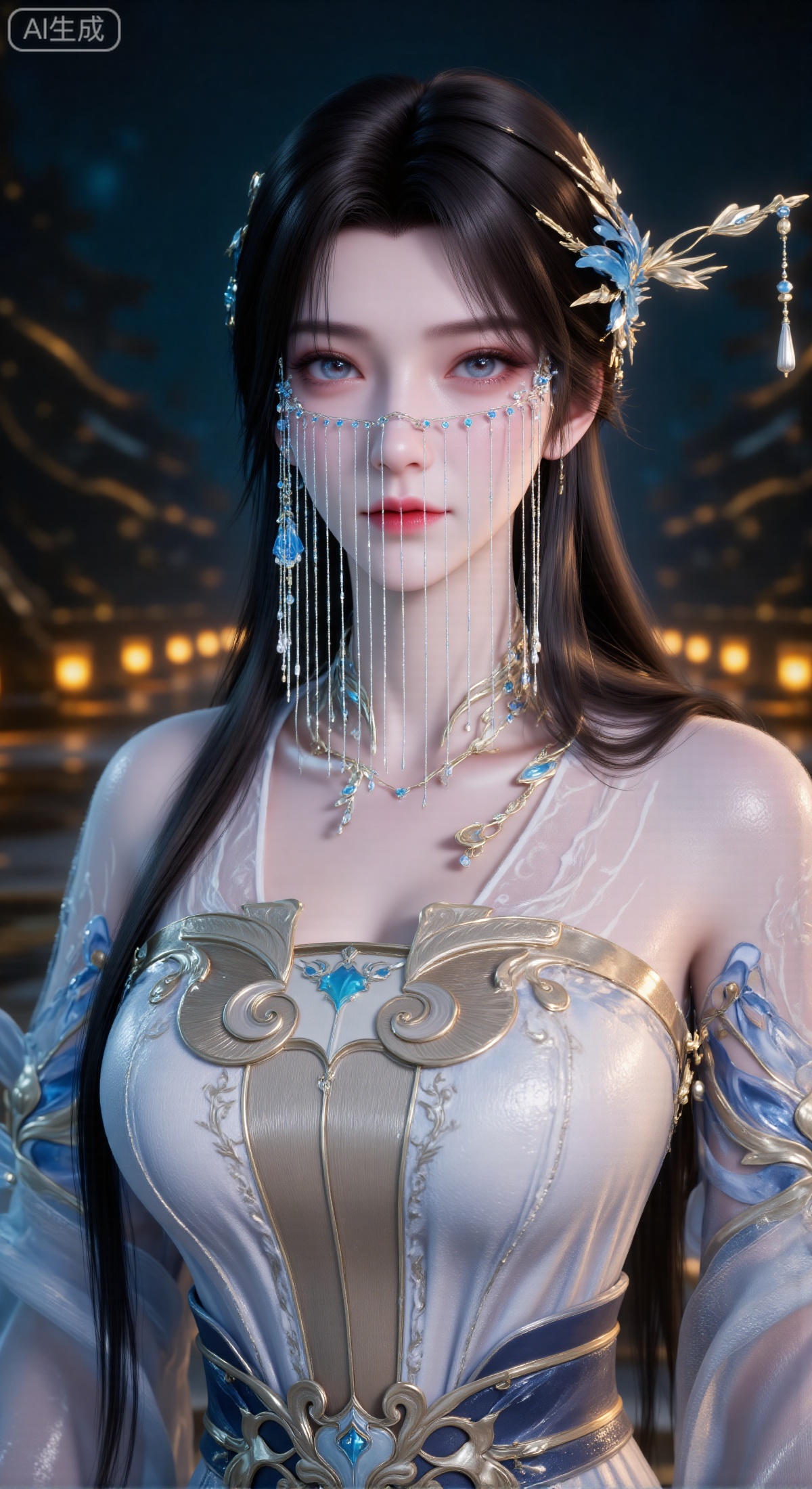 masterpiece:1.2),best quality,high resolution,unity 8k wallpaper,(illustration:1),perfect lighting,extremely detailed CG,finely detail,extremely detailed,soft lighting and shadow,soft yet striking lighting,film grain:1.2,(skin pores:1.2),(detailed skin texture:1),((solo:1.5)),Detailed face,(see-through:1.1),misty,Low Key:1.1,depth of field,(masterpiece, best quality, ultra-detailed, 8k resolution, sharp focus, 3D render, Octane render), a beautiful and gentle Eastern classical woman with long, sleek black hair, adorned with an elaborate gold and blue headdress. Her face is partially veiled by a semi-transparent curtain of delicate beaded strings, revealing only her clear, bright, and gentle eyes. She is wearing elegant, light-colored semi-transparent gauze clothing with wide, flowing sleeves, adorned with subtle patterns on the shoulders and matching jewelry (necklace and bracelets). The background is a dark night scene with a series of blurred, warm yellow circular light sources (like lanterns), creating a soft bokeh glow. The color palette is dominated by cyan-blue, off-white, and accents of gold, creating an elegant, mysterious, and dreamy atmosphere. Eye-level angle, close-up on face and upper body, extremely detailed.,anmy