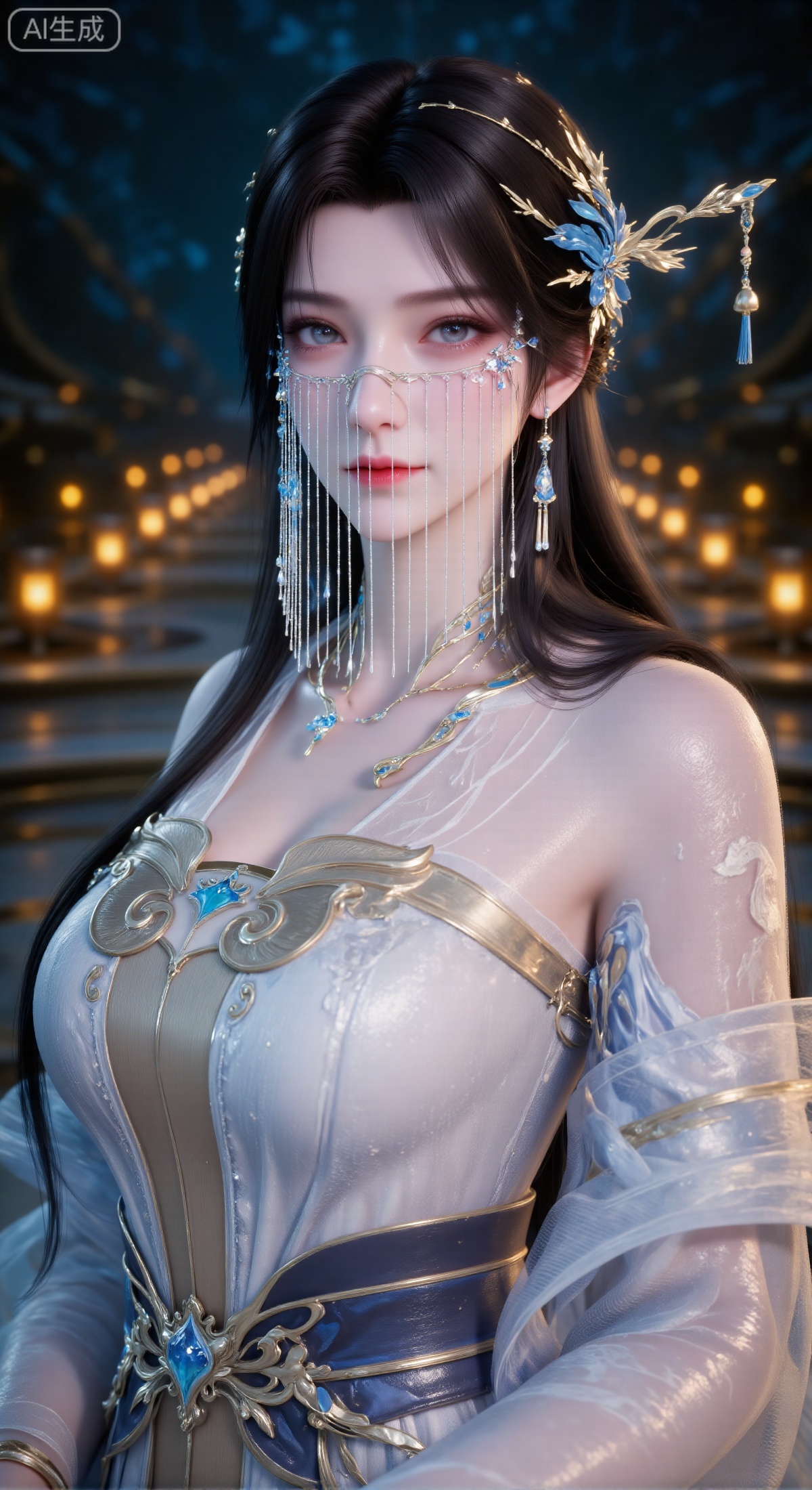 masterpiece:1.2),best quality,high resolution,unity 8k wallpaper,(illustration:1),perfect lighting,extremely detailed CG,finely detail,extremely detailed,soft lighting and shadow,soft yet striking lighting,film grain:1.2,(skin pores:1.2),(detailed skin texture:1),((solo:1.5)),Detailed face,(see-through:1.1),misty,Low Key:1.1,depth of field,(masterpiece, best quality, ultra-detailed, 8k resolution, sharp focus, 3D render, Octane render), a beautiful and gentle Eastern classical woman with long, sleek black hair, adorned with an elaborate gold and blue headdress. Her face is partially veiled by a semi-transparent curtain of delicate beaded strings, revealing only her clear, bright, and gentle eyes. She is wearing elegant, light-colored semi-transparent gauze clothing with wide, flowing sleeves, adorned with subtle patterns on the shoulders and matching jewelry (necklace and bracelets). The background is a dark night scene with a series of blurred, warm yellow circular light sources (like lanterns), creating a soft bokeh glow. The color palette is dominated by cyan-blue, off-white, and accents of gold, creating an elegant, mysterious, and dreamy atmosphere. Eye-level angle, close-up on face and upper body, extremely detailed.,anmy