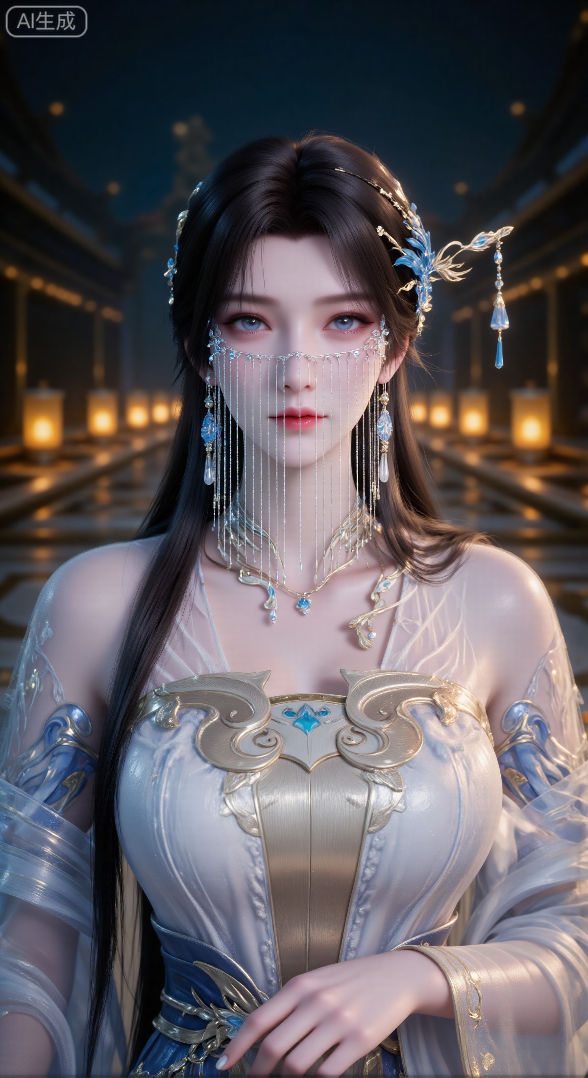 masterpiece:1.2),best quality,high resolution,unity 8k wallpaper,(illustration:1),perfect lighting,extremely detailed CG,finely detail,extremely detailed,soft lighting and shadow,soft yet striking lighting,film grain:1.2,(skin pores:1.2),(detailed skin texture:1),((solo:1.5)),Detailed face,(see-through:1.1),misty,Low Key:1.1,depth of field,(masterpiece, best quality, ultra-detailed, 8k resolution, sharp focus, 3D render, Octane render), a beautiful and gentle Eastern classical woman with long, sleek black hair, adorned with an elaborate gold and blue headdress. Her face is partially veiled by a semi-transparent curtain of delicate beaded strings, revealing only her clear, bright, and gentle eyes. She is wearing elegant, light-colored semi-transparent gauze clothing with wide, flowing sleeves, adorned with subtle patterns on the shoulders and matching jewelry (necklace and bracelets). The background is a dark night scene with a series of blurred, warm yellow circular light sources (like lanterns), creating a soft bokeh glow. The color palette is dominated by cyan-blue, off-white, and accents of gold, creating an elegant, mysterious, and dreamy atmosphere. Eye-level angle, close-up on face and upper body, extremely detailed.,anmy