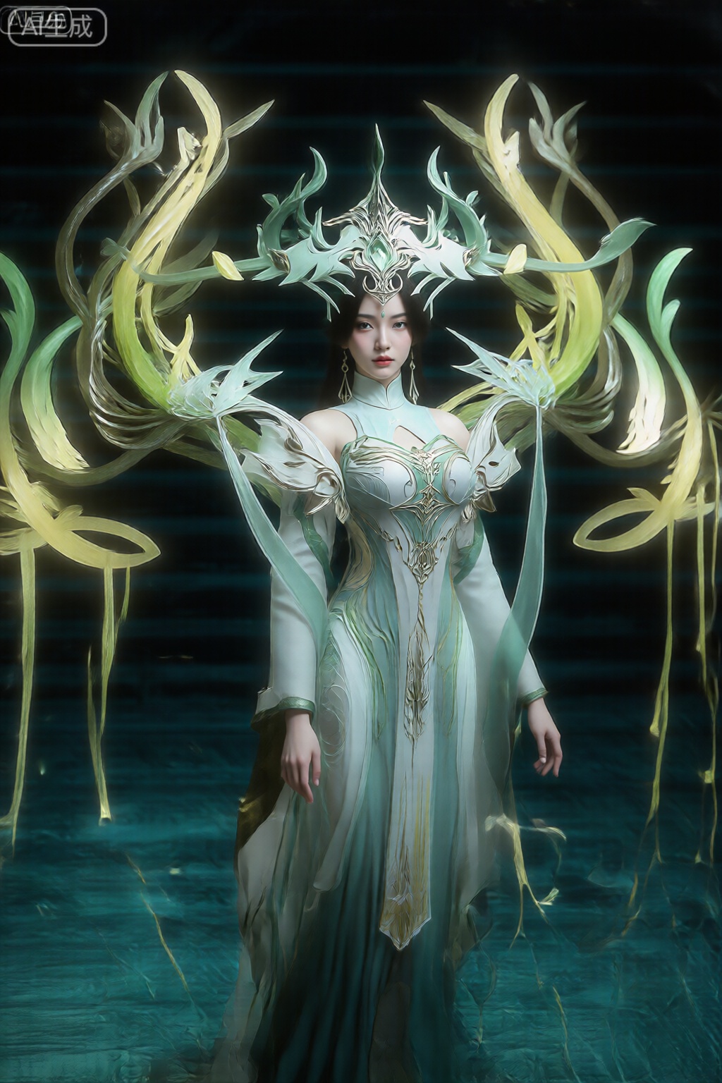 该图像的特点是一个人物站在黑暗、空灵的背景前,背景是青色的、有图案的地板。该人物穿着一件精致、飘逸的长袍,主要是白色,带有复杂的绿色和金色图案。这件礼服有长而飘逸的袖子和高领口,正面和侧面都有详细的设计。该人物的头部戴着华丽的头饰,类似于精致的水晶结构,带有尖锐的向上指向的元素。人物周围是绿色和金色色调的发光藤蔓状结构,它们似乎漂浮并交织在一起,营造出一种神奇、超凡脱俗的氛围。整体构图非常细致,重点关注复杂的设计以及光与色彩的相互作用。