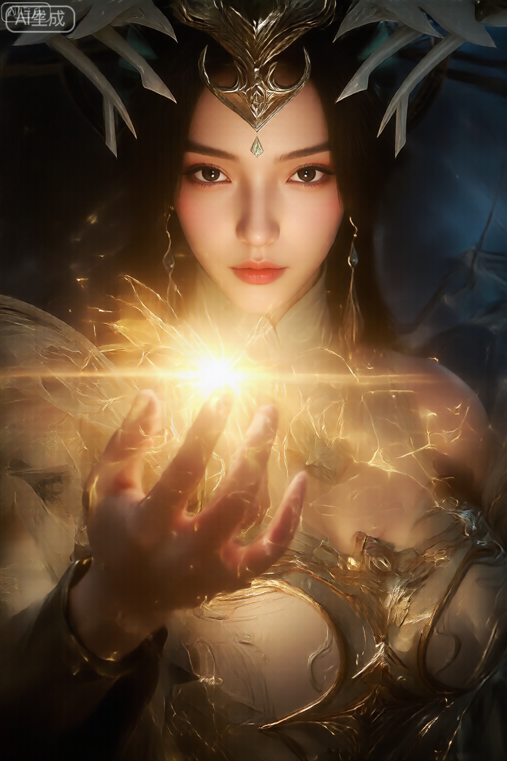 数字艺术品的特写是一个有着长长的黑发的角色,戴着带有金属和宝石元素的精致华丽的头饰。角色的眼睛很大,表情丰富,眼神专注。一道明亮的光芒从他们伸出的手上散发出来,在他们的脸上和上身投射出温暖的金色色调。错综复杂、羽毛般的金色图案在光线下散发出光芒,营造出一种能量和魔力的感觉。该角色的服装包括盔甲和织物的组合,配有金属护肩和白色飘逸的衣服。背景是深色的,具有微妙、抽象的形状和线条,增强了发光的光线和图案的戏剧性效果。