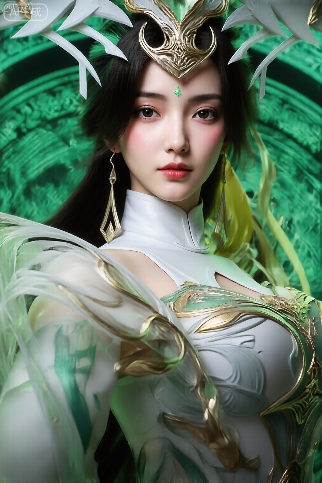 该图像描绘了一个穿着具有幻想或科幻美学的精致服装的人。背景是充满活力的绿色,带有复杂的图案,类似于有机或神奇的设计。服装包括带有金色和绿色点缀的高领白色服装,还有从肩膀延伸的白色和绿色飘逸丝带状元素。此人的头发又长又黑,戴着白色和金色元素的装饰头饰。整体外观华丽、超凡脱俗。