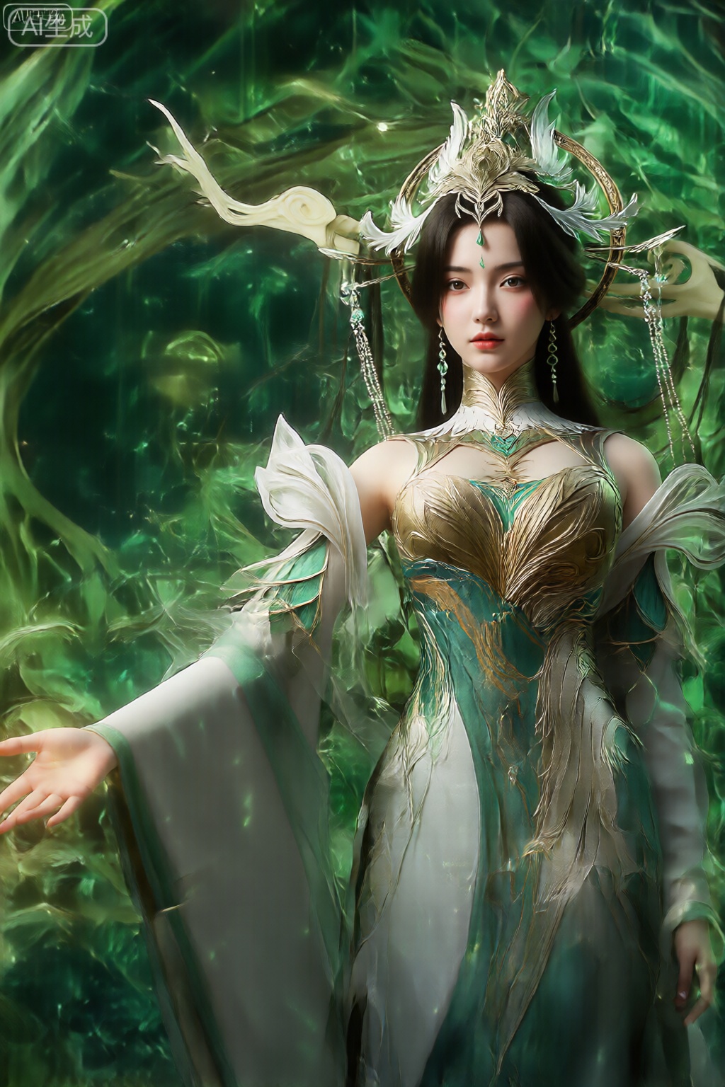 该图像描绘了一个数字渲染的女性形象,穿着精致的奇幻服装。她有一头长长的黑发,戴着华丽的头饰,上面装饰着白色和金色的羽毛、精致的链条和绿色宝石。她的服装是一件合身的礼服,上面有复杂的金色和绿色图案,白色和银色的面料垂落在她的肩膀和手臂上。她的右臂向外伸出,掌心向上,仿佛在打手势或施咒语。背景是郁郁葱葱的抽象场景,有旋转的绿色藤蔓、发光的祖母绿形状和空灵的光线,营造出神秘、超凡脱俗的氛围。