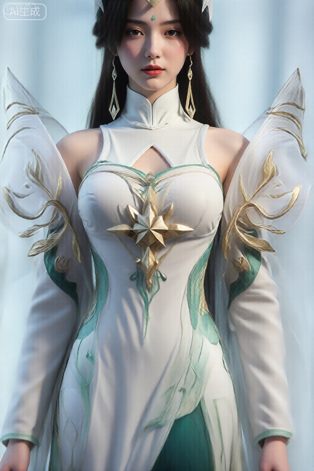 个穿着设计复杂的服装的女性形象。服装以白色为主,带有优雅的金色和绿色点缀。这件连衣裙采用高领设计,胸部有一个锁孔开口,中央饰有醒目的金色星形装饰。服装的肩部饰有巨大的翼状结构,具有金属光泽,饰有金箔图案和绿色藤蔓。袖子长而飘逸,带有相同的金色和绿色细节。背景是柔和、模糊的蓝色,与服装的细节和充满活力的设计形成鲜明对比。