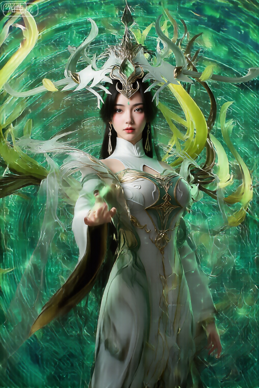 她的着装具有优雅的长袖和结构性的高领。她的头发呈黑色,直垂,部分头发被精致的头饰覆盖,头饰融合了银色和金色元素,并带有叶状和树枝状的延伸。她站在充满活力、旋转的绿色和黄色背景下,抽象的形状和图案类似于流动的能量或神奇的光环。她伸出一只手,发出一道细小的绿光,暗示着力量或魔法的展示。整体构图充满活力,视觉冲击力强,强调幻想和空灵元素。