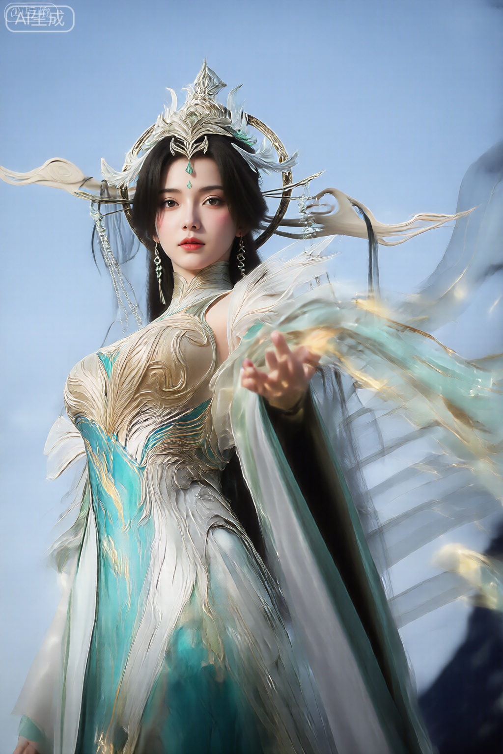 该图像描绘了一个穿着精致的奇幻服装的人物。服装以白色和银色为主,带有复杂的金色和青色点缀。该设计包括流动的翼状结构和看似空灵的发光元素。人物的手向前伸出,手上有青色和金色的动态丝带状轨迹,给人一种运动或施展魔法的感觉。背景是清澈的蓝天,增强了海拔感和宏伟感。整体美感非常细致且超凡脱俗,暗示着来自奇幻或科幻背景的角色。