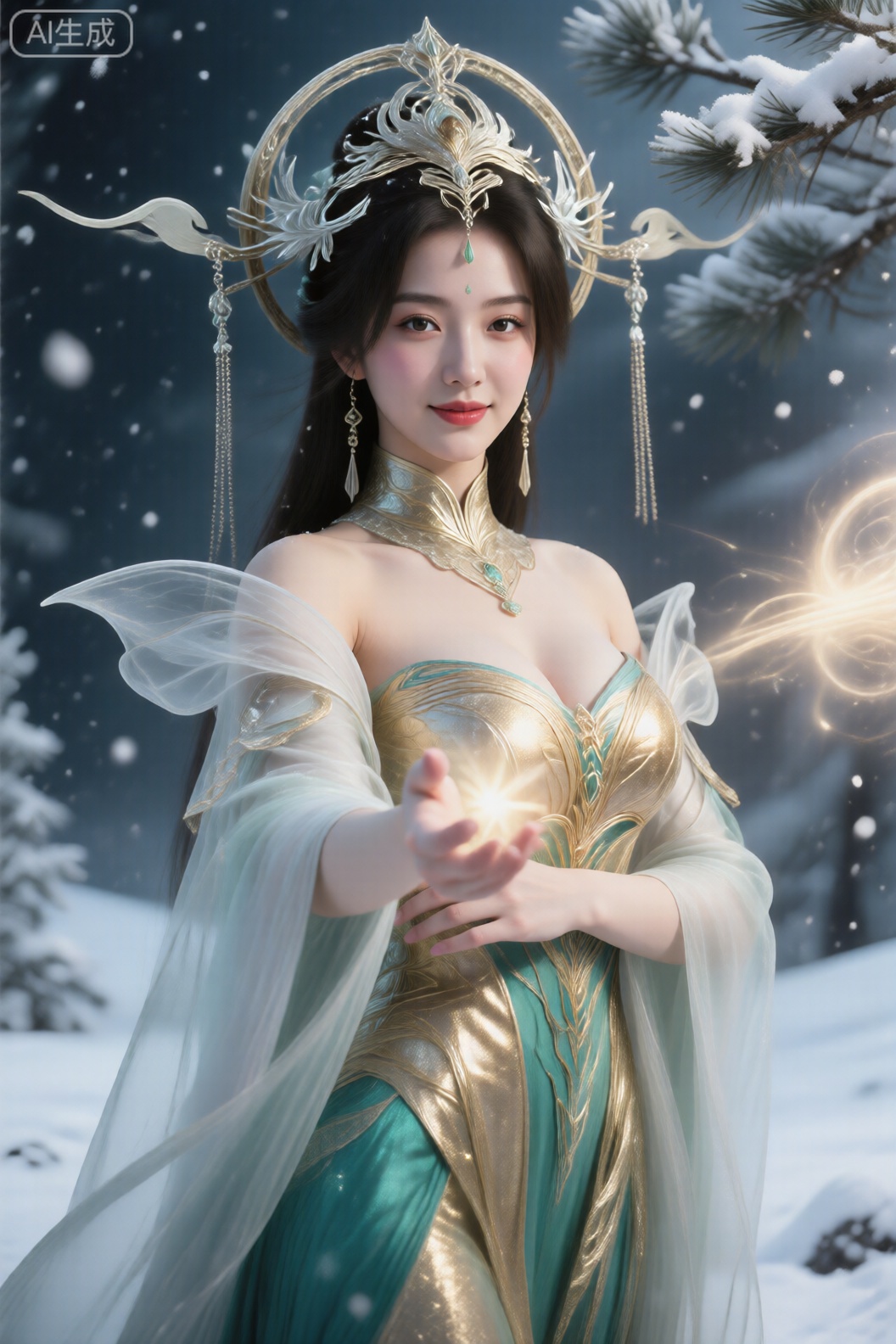 ,美颜,皮肤雪白细腻质感水润光滑年轻,去AI 感,职业微笑,,（（巨大的胸部））,看着镜头, 
 真实照片质感,去AI 感,50mm f/1.4 光圈、ISO 200、快门1/160s 侧光拍摄,壁纸风竖构图。美女,,发间落少量雪花。抱臂浅笑看着镜头,挺胸站立展现完美身材,皮肤雪白水润与雪地呼应,光滑无毛孔,背景雪松枝干清晰,雪花飘落动态自然,,去AI 感强,壁纸视觉拉满。她的服装融合了闪闪发光的金色和绿松石色,带有飘逸的半透明织物元素,类似于飘逸的翅膀或窗帘。头饰十分精致,融合了银色和金色的装饰、精致的链条,以及头后的圆形光环结构。她的右手向前伸出,散发着魔法般的光芒,暗示着使用神秘力量