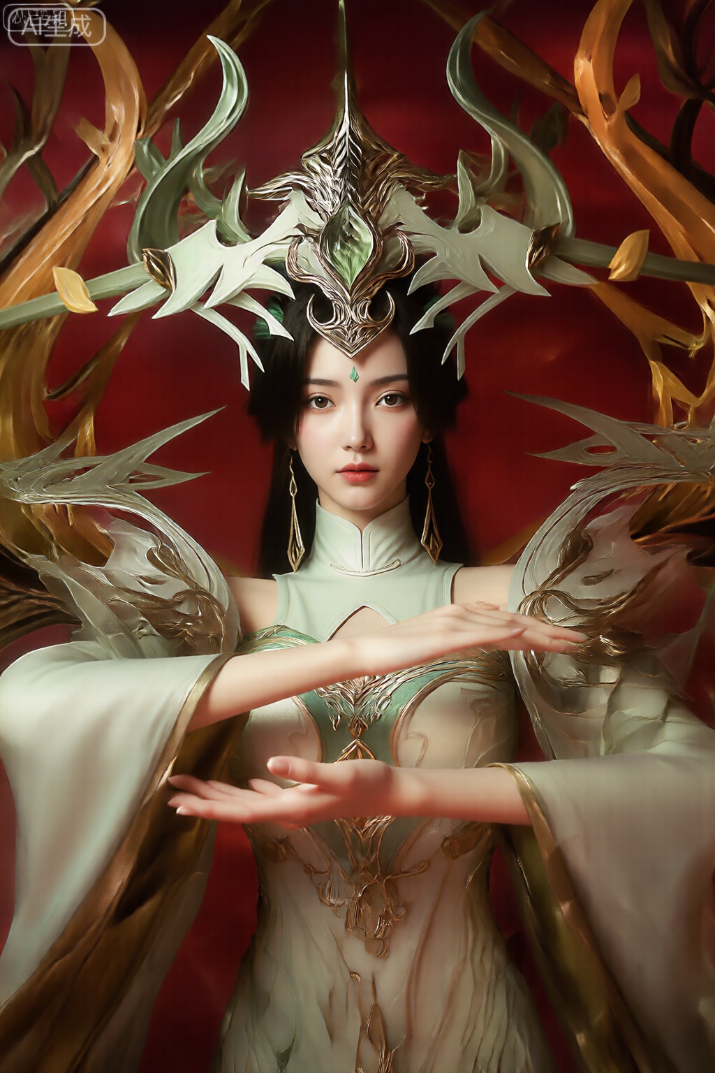 该图像描绘了一位处于高度风格化、梦幻般的环境中的女性。她盘腿而坐,穿着一件精致、合身的淡绿色服装,上面有复杂的金色图案。她的双手泰然向前伸出,掌心向上,仿佛做出奉献或专注的姿态。 她的着装包括高领和飘逸的长袖,垂坠优雅。在她身后,一个华丽的翼状结构向外延伸,由金色、青铜色和银色的金属元素组成,其中一些部分的形状似乎是有机的,类似于藤蔓或卷须。背景是深而浓郁的红色,与她服装和头饰的金属和浅绿色色调形成鲜明对比。 她的表情平静而安详,眼睛直视着观众。总体印象是一种王权和超凡脱俗的感觉,暗示着奇幻叙事中具有重要权力或重要性的角色。该图像非常详细,重点关注光与影的相互作用,以增强人物及其周围环境的三维质量。