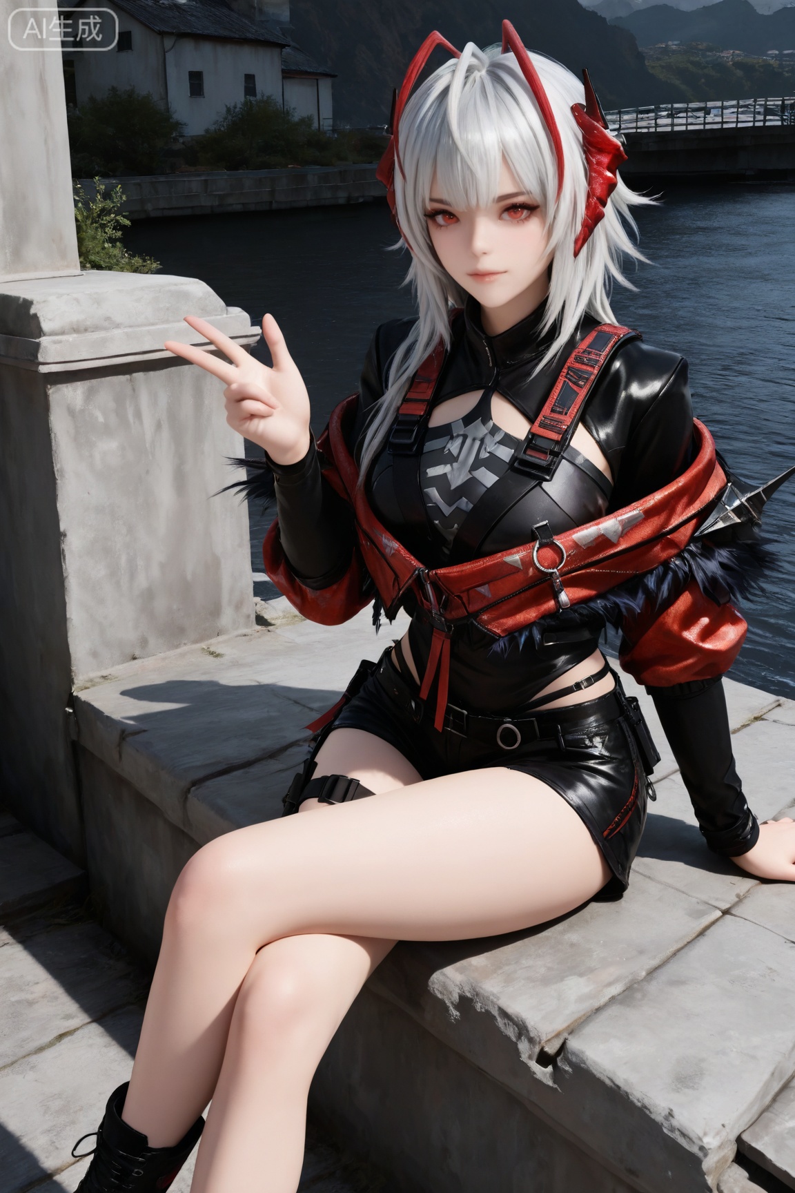 MXW,1girl, solo, long hair, looking at viewer, bangs, red eyes, long sleeves, sitting, jacket, white hair, red hair, multicolored hair, boots, horns, shorts, alternate costume, black footwear, official alternate costume, bare legs, crossed legs, w \(arknights\),
3d \(artwork\),Masterpiece, best quality, amazing quality, newest, very aesthetic, absurdres, (scenery:1.4), 8k, good anatomy, good shading, ultra detailed, refined details, high resolution, HD, masterwork,high detail ,Exquisite beauty, charming, 3D rendering,illustration,CG,