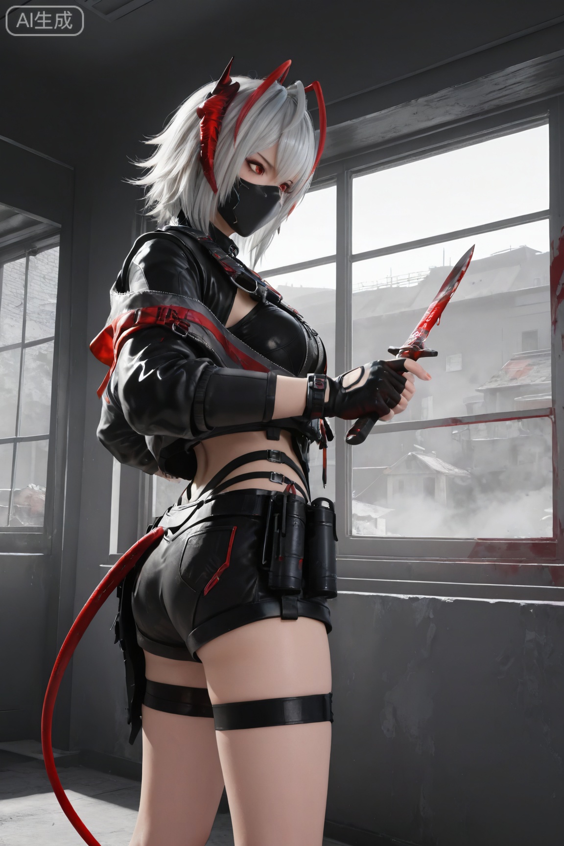 MXW,1girl, solo, short hair, bangs, shirt, red eyes, gloves, long sleeves, holding, hair between eyes, standing, jacket, weapon, white hair, red hair, multicolored hair, open clothes, horns, shorts, black gloves, indoors, fingerless gloves, holding weapon, open jacket, black jacket, window, blood, mask, black shorts, knife, mouth mask, holding knife, w \(arknights\),
3d \(artwork\),Masterpiece, best quality, amazing quality, newest, very aesthetic, absurdres, (scenery:1.4), 8k, good anatomy, good shading, ultra detailed, refined details, high resolution, HD, masterwork,high detail ,Exquisite beauty, charming, 3D rendering,illustration,CG,
