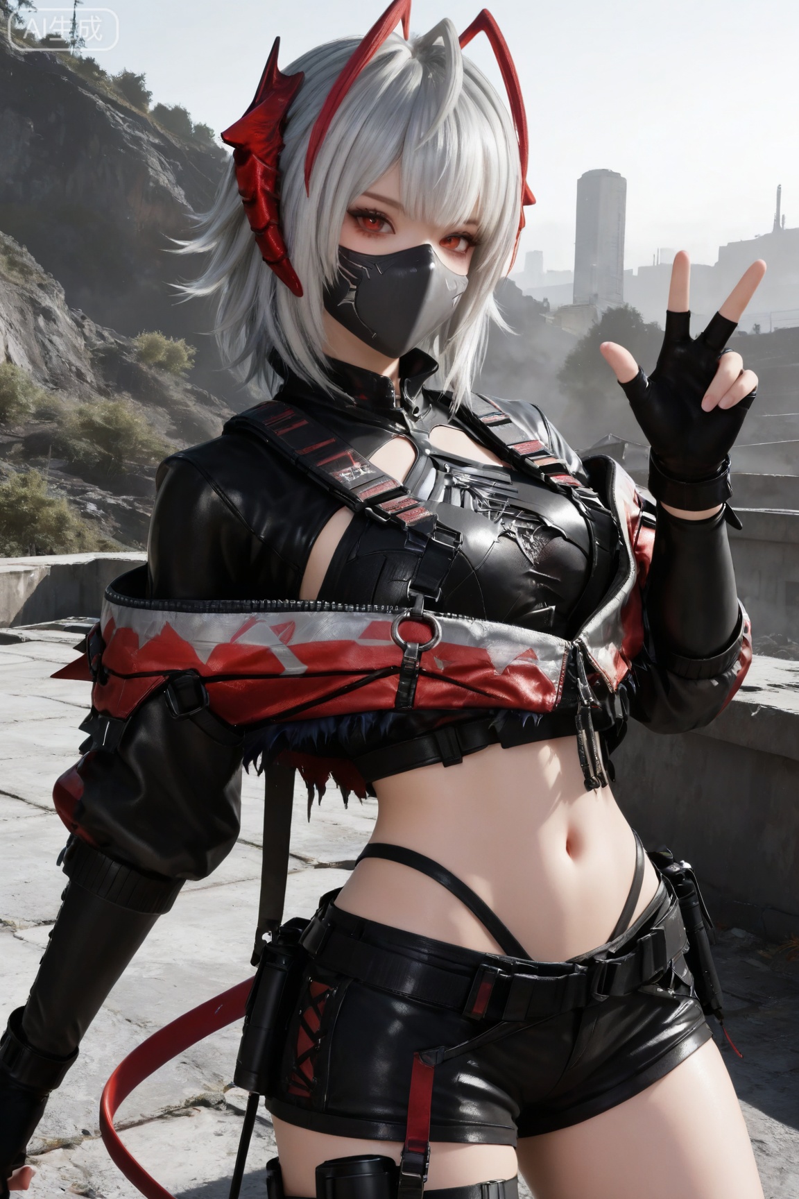 MXW,1girl, solo, looking at viewer, short hair, bangs, shirt, red eyes, gloves, long sleeves, navel, jacket, white hair, cowboy shot, horns, alternate costume, black gloves, midriff, shorts,, stomach, official alternate costume, black jacket, crop top, mask, black pants, mouth mask, black mask, w \(arknights\),
3d \(artwork\),Masterpiece, best quality, amazing quality, newest, very aesthetic, absurdres, (scenery:1.4), 8k, good anatomy, good shading, ultra detailed, refined details, high resolution, HD, masterwork,high detail ,Exquisite beauty, charming, 3D rendering,illustration,CG,