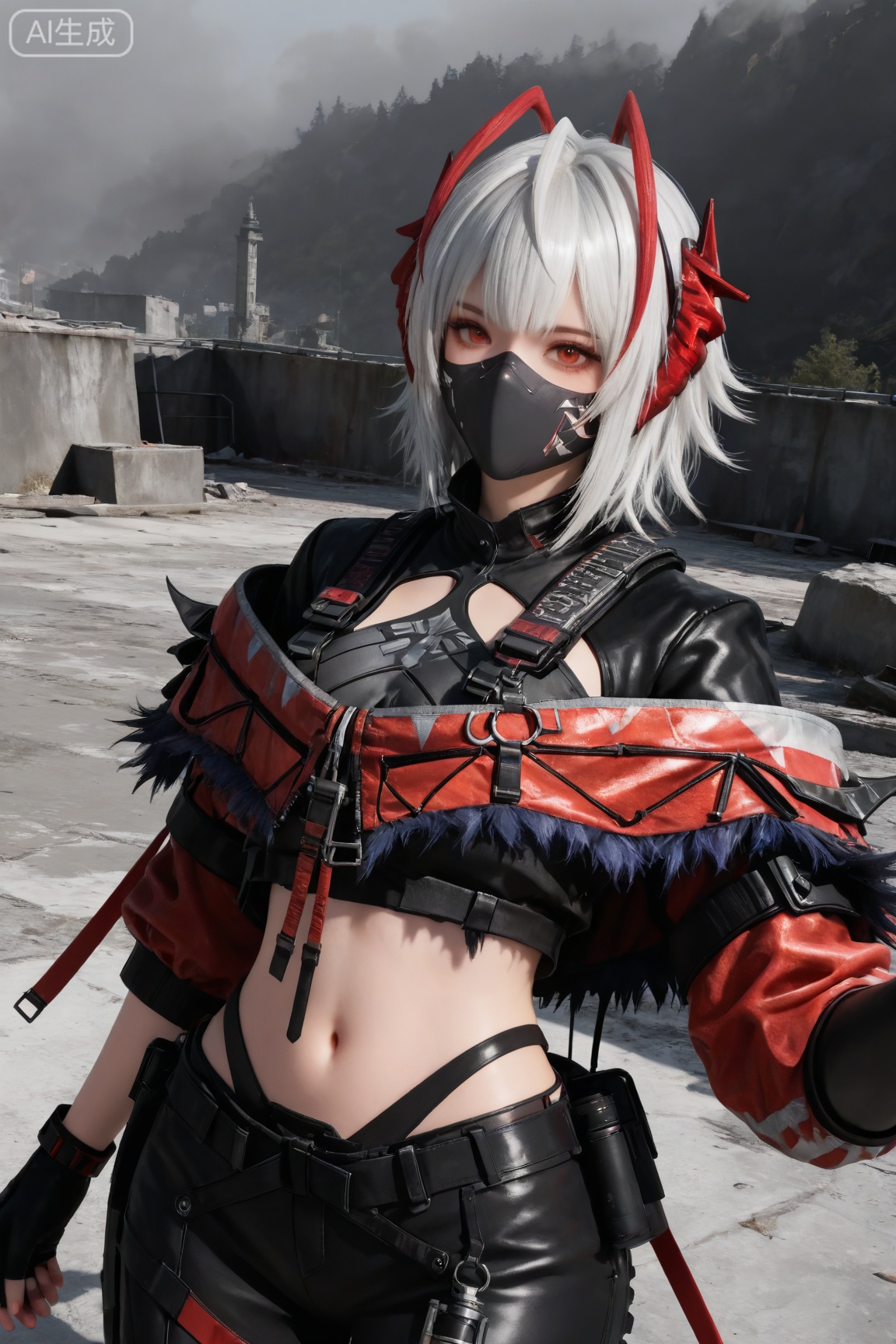 MXW,1girl, solo, looking at viewer, short hair, bangs, shirt, red eyes, gloves, long sleeves, navel, jacket, white hair, cowboy shot, horns, alternate costume, black gloves, midriff, pants, stomach, official alternate costume, black jacket, crop top, mask, black pants, mouth mask, black mask, w \(arknights\),
3d \(artwork\),Masterpiece, best quality, amazing quality, newest, very aesthetic, absurdres, (scenery:1.4), 8k, good anatomy, good shading, ultra detailed, refined details, high resolution, HD, masterwork,high detail ,Exquisite beauty, charming, 3D rendering,illustration,CG,
