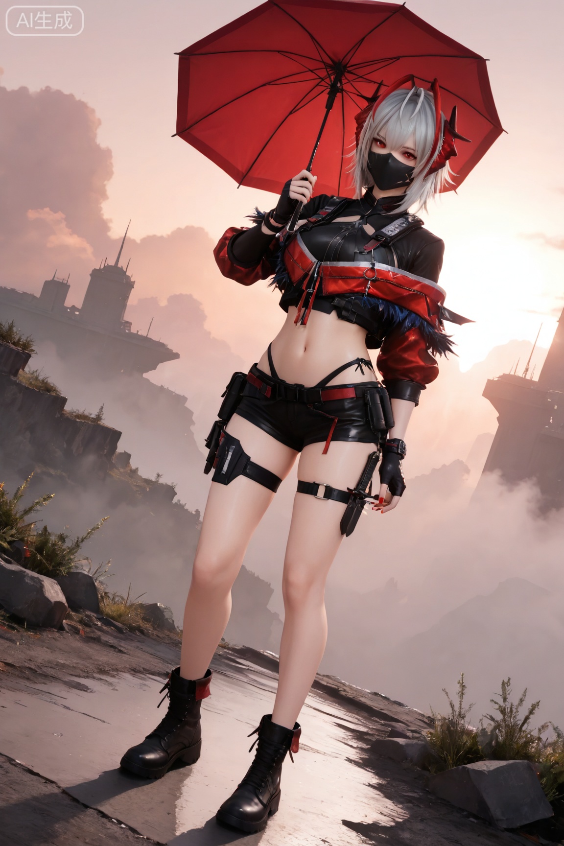 MXW,1girl, solo, breasts, looking at viewer, short hair, bangs, shirt, red eyes, gloves, long sleeves, navel, holding, hair between eyes, medium breasts, underwear, standing, jacket, full body, weapon, white hair, grey hair, thighs, boots, outdoors, horns, sky, shorts, alternate costume, black gloves, midriff, fingerless gloves, stomach, black footwear, official alternate costume, crop top, black shirt, short shorts, dutch angle, thigh strap, mask, umbrella, highleg, black shorts, knife, demon horns, red nails, sunset, mouth mask, holding knife, w \(arknights\),
3d \(artwork\),Masterpiece, best quality, amazing quality, newest, very aesthetic, absurdres, (scenery:1.4), 8k, good anatomy, good shading, ultra detailed, refined details, high resolution, HD, masterwork,high detail ,Exquisite beauty, charming, 3D rendering,illustration,CG,