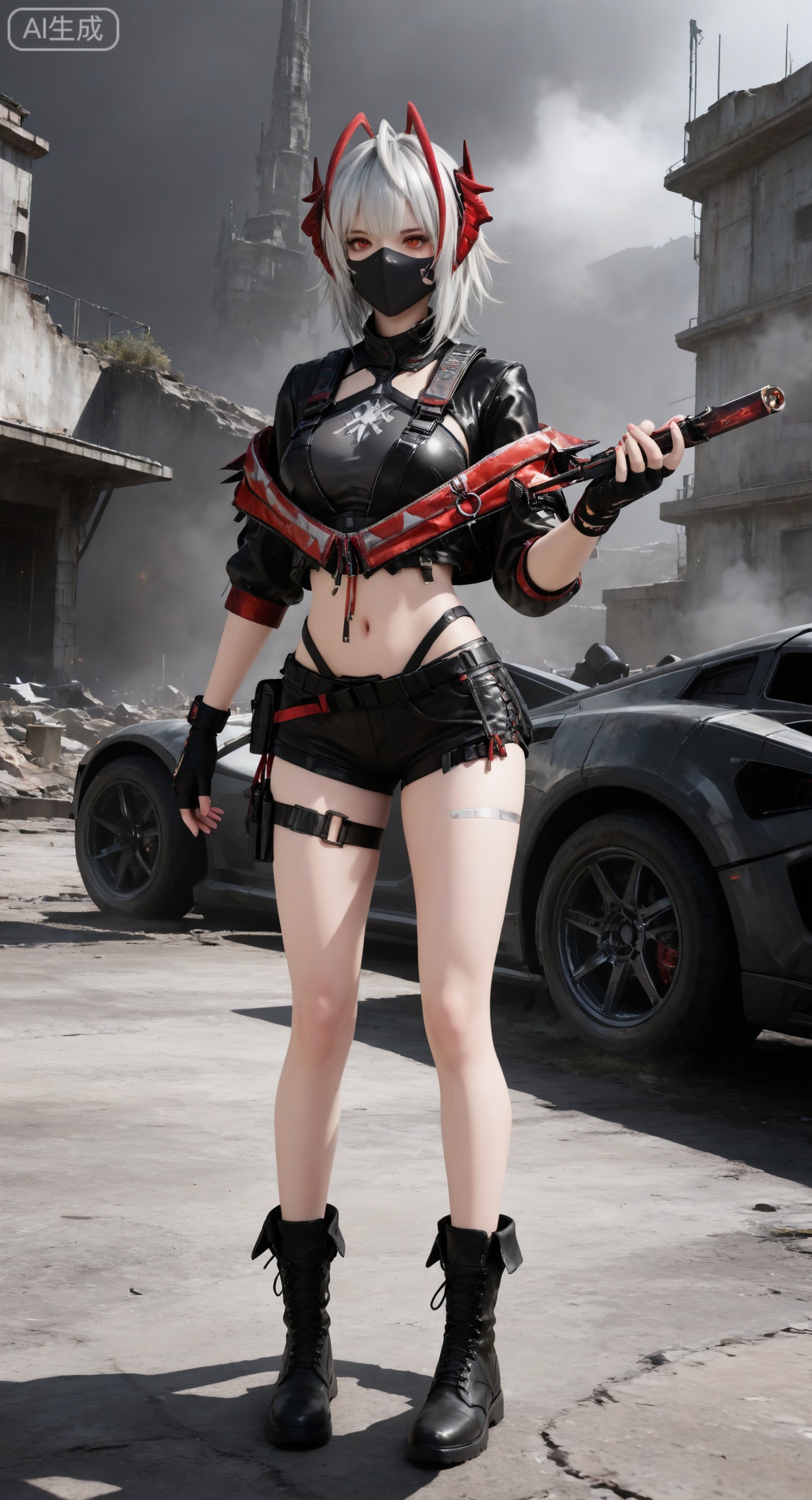 MXW,1girl, solo, breasts, looking at viewer, short hair, shirt, gloves, navel, holding, standing, jacket, full body, weapon, white hair, red hair, multicolored hair, boots, horns, shorts, alternate costume, midriff, fingerless gloves, stomach, black footwear, open jacket, official alternate costume, black jacket, crop top, short shorts, thigh strap, mask, black shorts, motor vehicle, cropped jacket, mouth mask, w \(arknights\),
3d \(artwork\),Masterpiece, best quality, amazing quality, newest, very aesthetic, absurdres, (scenery:1.4), 8k, good anatomy, good shading, ultra detailed, refined details, high resolution, HD, masterwork,high detail ,Exquisite beauty, charming, 3D rendering,illustration,CG,