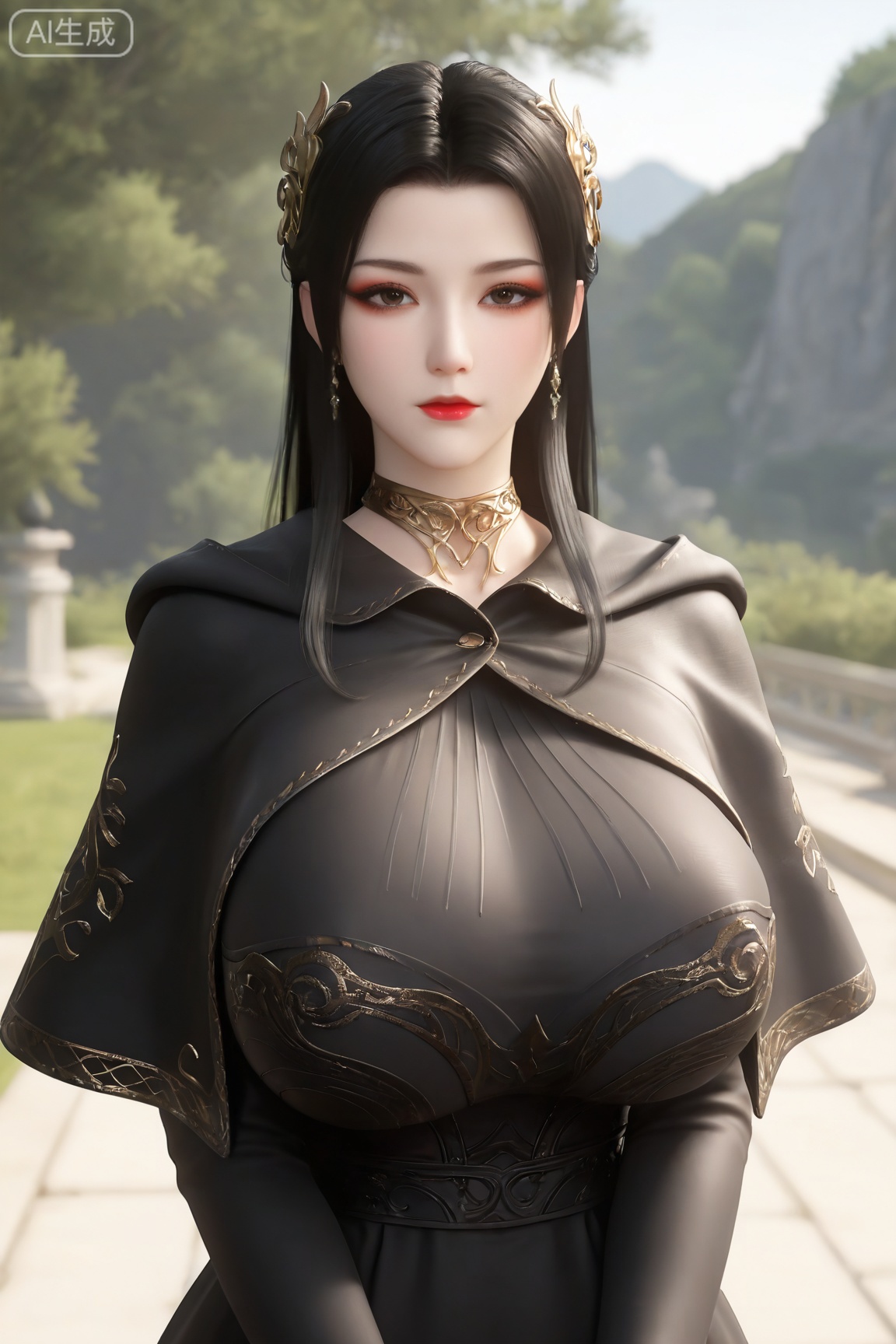 MDS,1girl, solo,mature woman,30 years old, long hair, looking at viewer, red lips, black hair, hair ornament, dress, jewelry, closed mouth, upper body, huge breasts, black dress, makeup, capelet, blurry background,
3d \(artwork\),Masterpiece, best quality, amazing quality, newest, very aesthetic, absurdres, (scenery:1.4), 8k, good anatomy, good shading, ultra detailed, refined details, high resolution, HD, masterwork,high detail ,Exquisite beauty, charming, 3D rendering,illustration,CG,