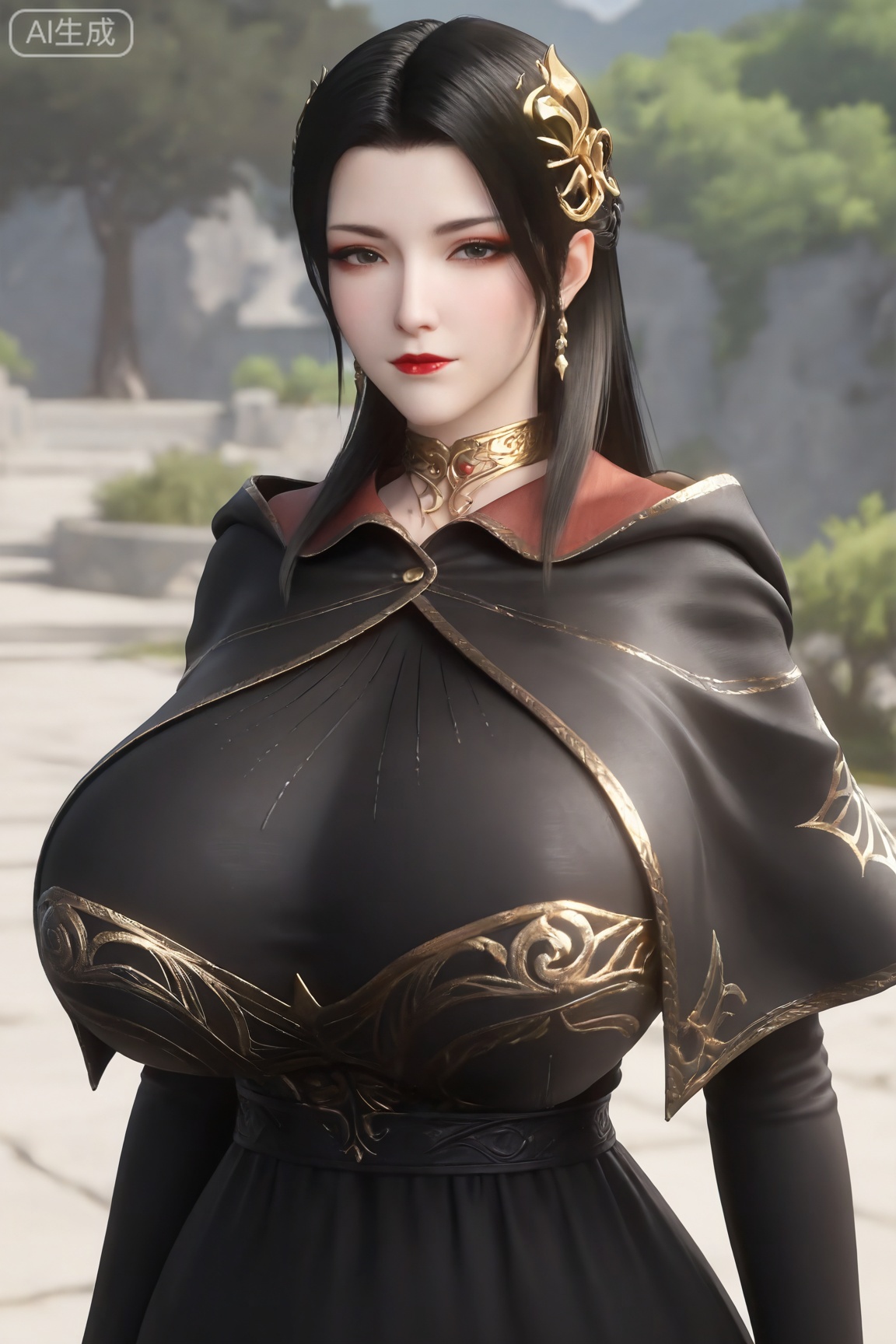 MDS,1girl, solo,mature woman,30 years old, long hair, looking at viewer, red lips, black hair, hair ornament, dress, jewelry, closed mouth, upper body, huge breasts, black dress, makeup, capelet, blurry background,
3d \(artwork\),Masterpiece, best quality, amazing quality, newest, very aesthetic, absurdres, (scenery:1.4), 8k, good anatomy, good shading, ultra detailed, refined details, high resolution, HD, masterwork,high detail ,Exquisite beauty, charming, 3D rendering,illustration,CG,