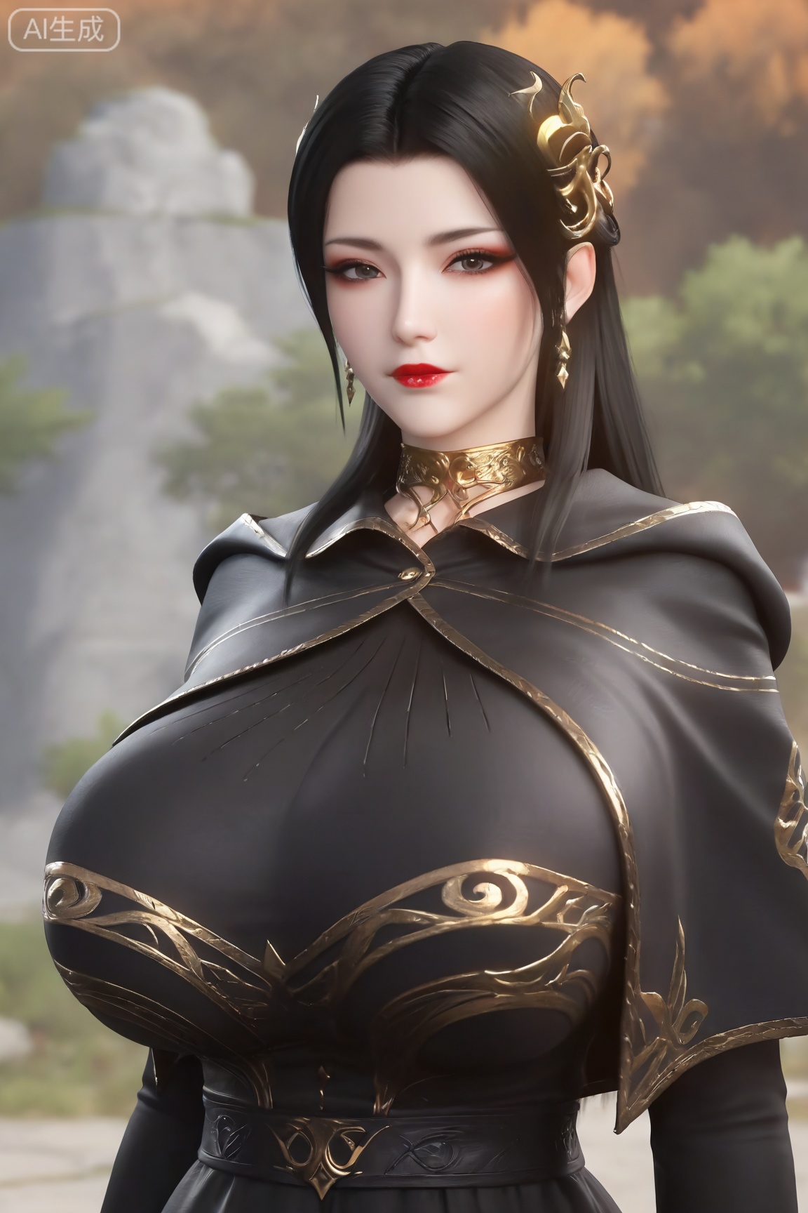 MDS,1girl, solo,mature woman,30 years old, long hair, looking at viewer, red lips, black hair, hair ornament, dress, jewelry, closed mouth, upper body, huge breasts, black dress, makeup, capelet, blurry background,
3d \(artwork\),Masterpiece, best quality, amazing quality, newest, very aesthetic, absurdres, (scenery:1.4), 8k, good anatomy, good shading, ultra detailed, refined details, high resolution, HD, masterwork,high detail ,Exquisite beauty, charming, 3D rendering,illustration,CG,