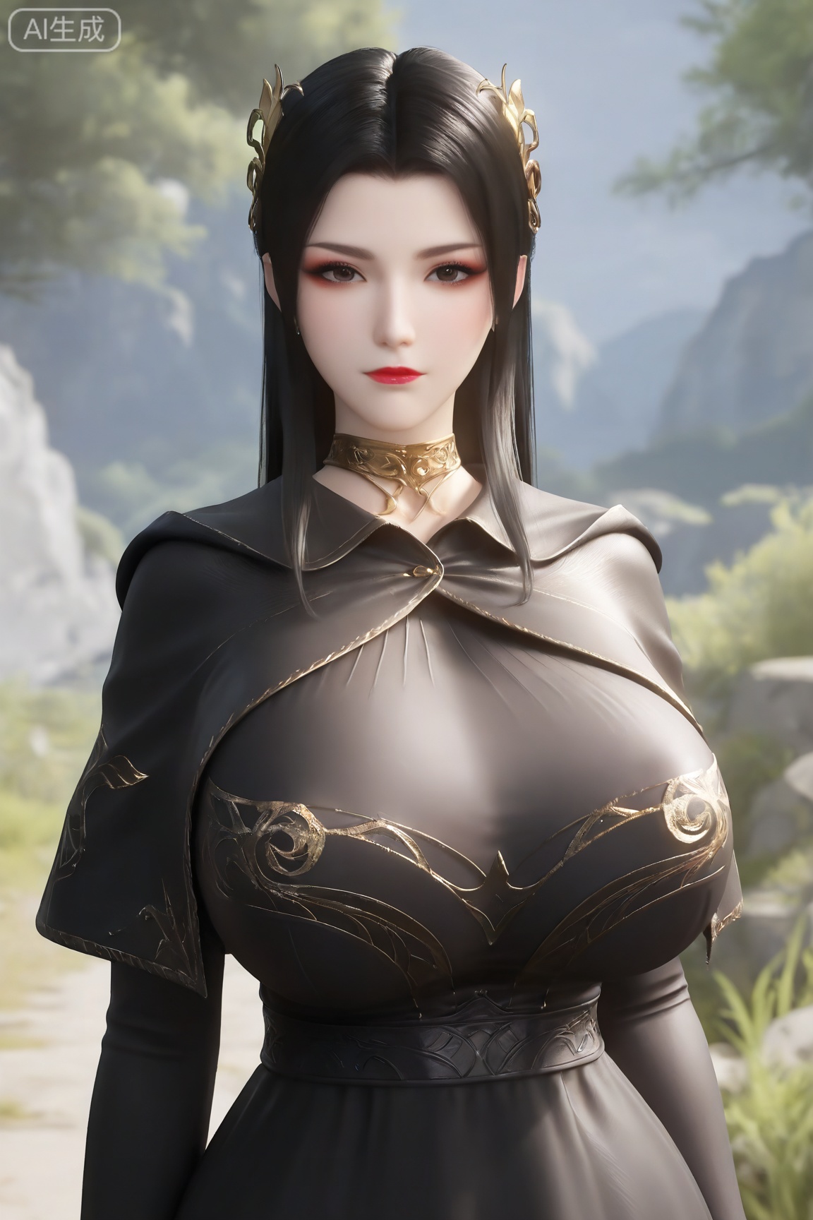 MDS,1girl, solo,mature woman,30 years old, long hair, looking at viewer, black hair, hair ornament, dress, jewelry, closed mouth, upper body, huge breasts, black dress, makeup, capelet, blurry background,
3d \(artwork\),Masterpiece, best quality, amazing quality, newest, very aesthetic, absurdres, (scenery:1.4), 8k, good anatomy, good shading, ultra detailed, refined details, high resolution, HD, masterwork,high detail ,Exquisite beauty, charming, 3D rendering,illustration,CG,