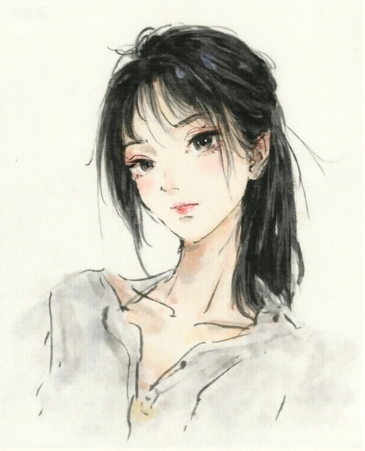 chi, Watercolor painting of a sexy young woman with black hair and fair skin. Style: chi ink wash painting.