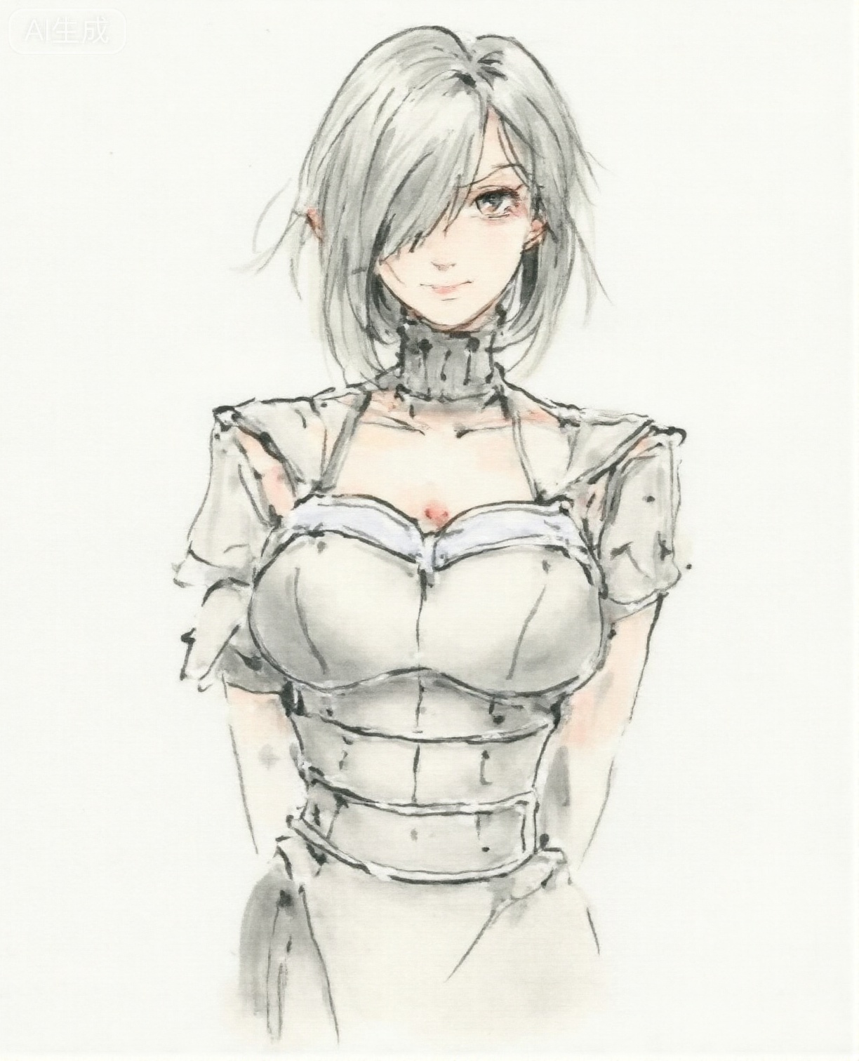 chi, Watercolor painting of a sexy young woman with silver hair and fair skin. She's wearing a tight, white, armored top that accentuates her large breasts. The lighting appears natural, with soft shadows. She looks cute and sexy, with a slight blush on her cheeks.Style: chi ink wash painting.