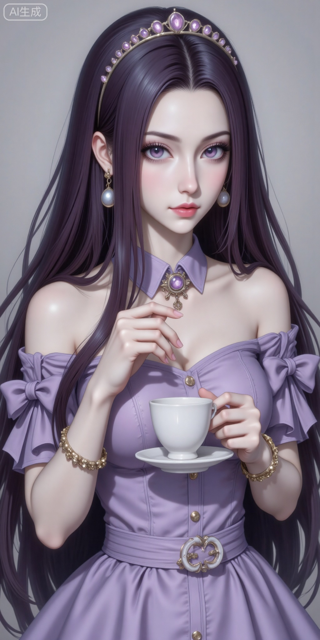 1girl, solo, long hair, black hair, dress, bow, bare shoulders, jewelry, purple eyes, bracelet, cup, makeup, tiara, lipstick, teacup