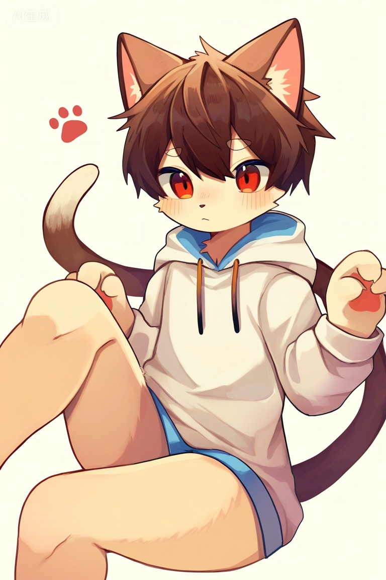 kuromu_style,
solo, male, shota, kemono,
cat boy, white haie, cat ears, red eyes, white fur body, white long cat tail.
white hoodie,
simple background, 
4 fingers, w arms, sitting, left leg up,
masterpiece,best quality