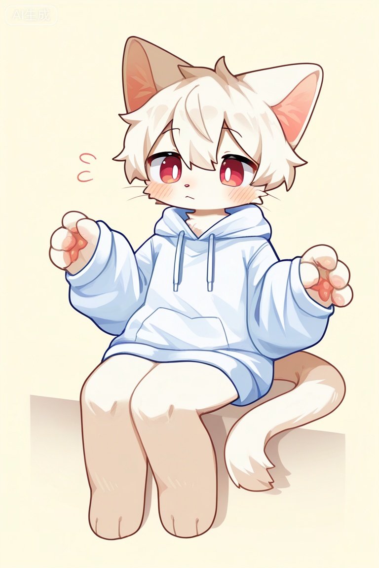 kuromu_style,
solo, male, shota, kemono,
cat boy, white haie, cat ears, red eyes, white fur body, white long cat tail.
white hoodie,
simple background, 
w arms, sitting,
masterpiece,best quality
