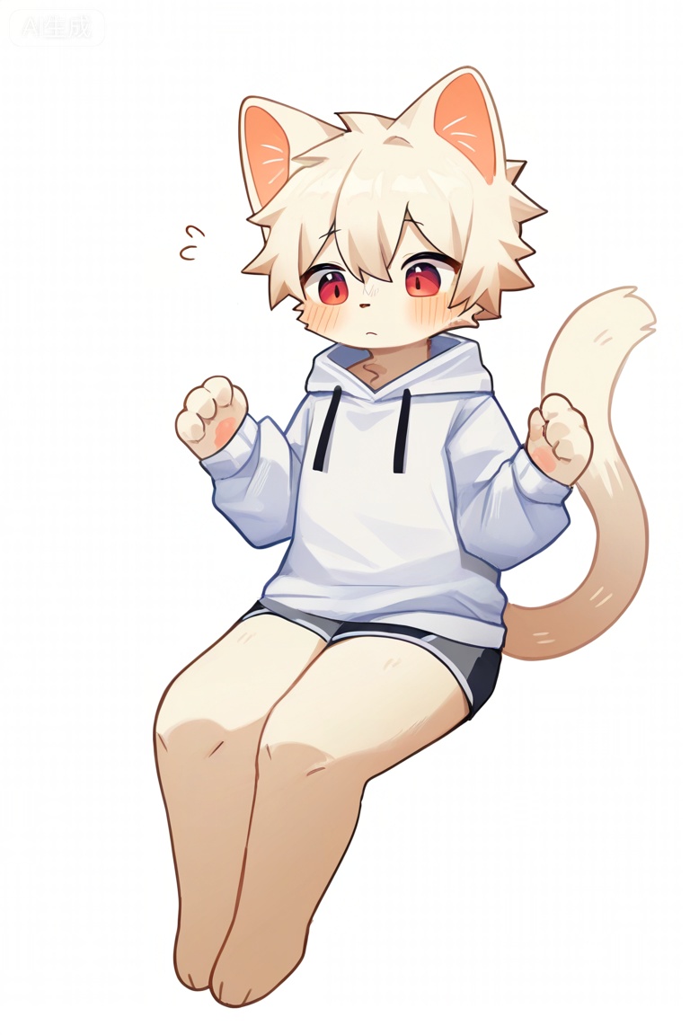 kuromu_style,
solo, male, shota, kemono,
cat boy, white haie, cat ears, red eyes, white fur body, white long cat tail.
white hoodie,
simple background, 
w arms, sitting,
masterpiece,best quality