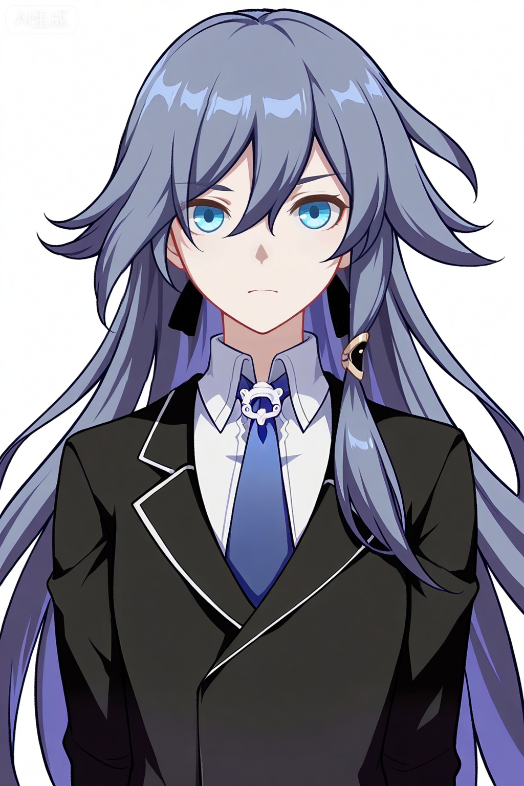 masterpiece, best quality,solo,((white background:1.2)),simple background,, 
looking at viewer,fu hua,honkai_cg_style,long hair,bangs,hair between eyes
black suits,blue ties,blue eyes fu hua,,bangs,hair between eyes,fu_hua,grey hair,blue hair