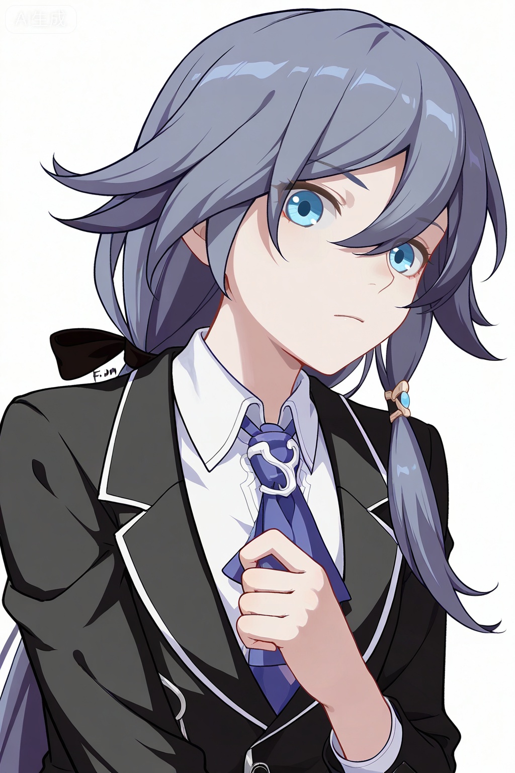 masterpiece, best quality,solo,((white background:1.2)),simple background,, 
looking at viewer,fu hua,honkai_cg_style,long hair,bangs,hair between eyes
black suits,blue ties,blue eyes fu hua,,bangs,hair between eyes,fu_hua,grey hair,blue hair
