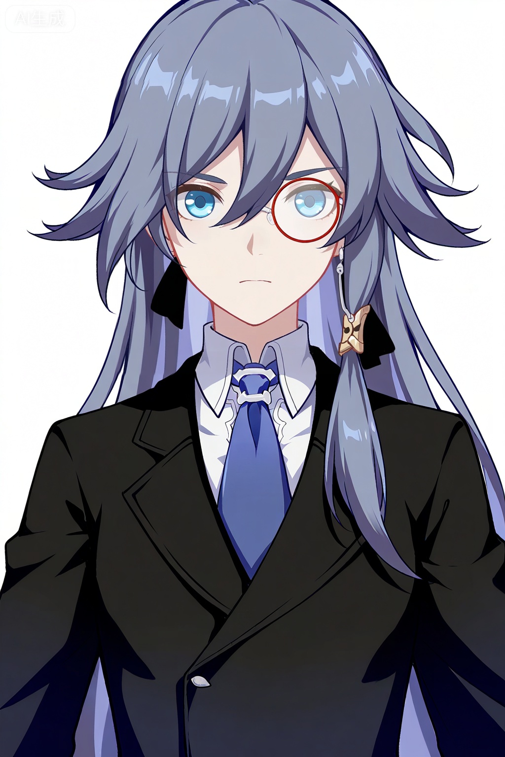 masterpiece, best quality,solo,((white background:1.2)),simple background,, 
looking at viewer,fu hua,honkai_cg_style,long hair,bangs,hair between eyes
black suits,blue ties,blue eyes fu hua,,bangs,hair between eyes,fu_hua,grey hair,blue hair