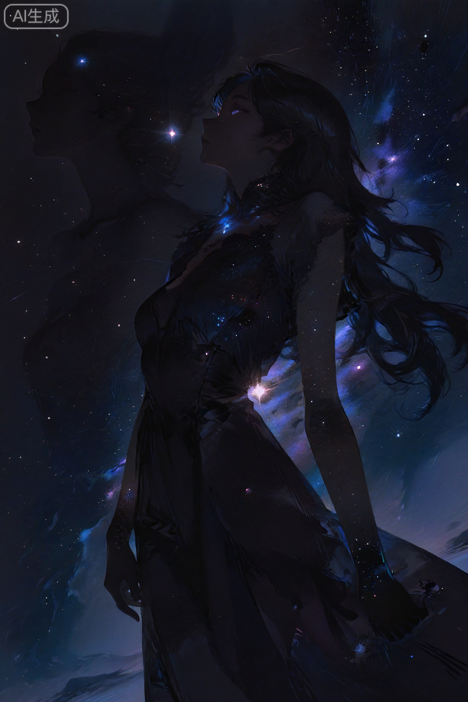 night,night sky,universe sky,universe,
masterpiece, best quality, 8K, ultra-high resolution,
asian inspire,Digital art scene illustration,lineart,//
ultra-detailed,8k,absurdres,
dynamic angle,sharp focus,soft lighting,illustration style,
very aesthetic,bright,kawaii,sparkles,//,
scattered light particles,volumetric lighting,glowing,
dramatic shadow,artificial lighting,//,
 1girl,dress,solo,night,sky,star \(sky\),universe, silhouette double exposures,silhouette of a long hair girl's side profile, silhouette made of celestial bodies stars galaxy ((star \(sky\),)), dark background,simple background,