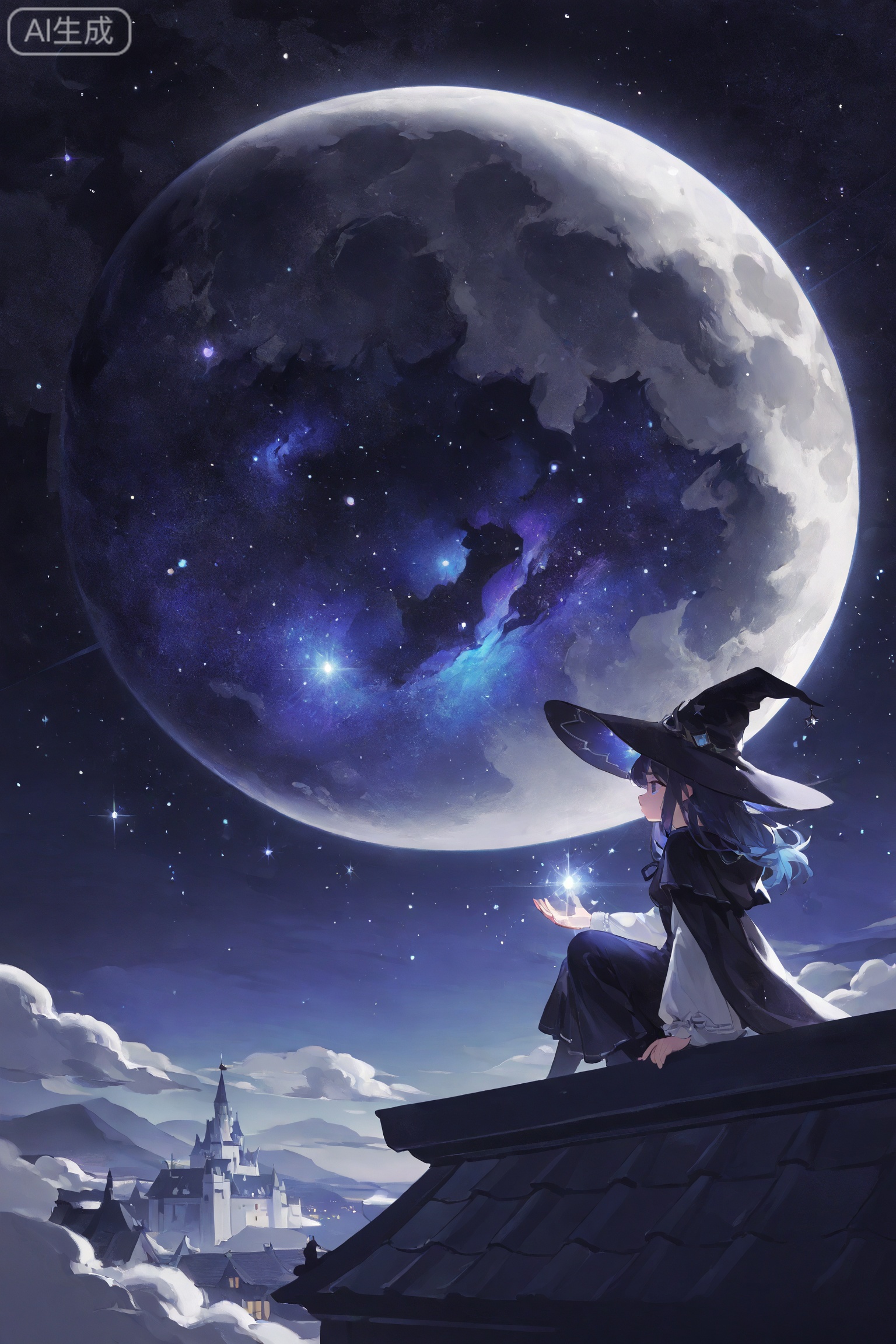 masterpiece, best quality, 8K, ultra-high resolution,
asian inspire,Digital art scene illustration,lineart,//
ultra-detailed,8k,absurdres,
dynamic angle,sharp focus,soft lighting,illustration style,
very aesthetic,bright,kawaii,sparkles,//,
scattered light particles,volumetric lighting,glowing,
dramatic shadow,artificial lighting,//,
a girl sitting on a roof looking at far,European castle,witch costume,moon, cosmic stars,star \(sky\),sky,cloud,scenery,starry sky,starry sky,space,scenery,galaxy,night,night sky,purple and blue,