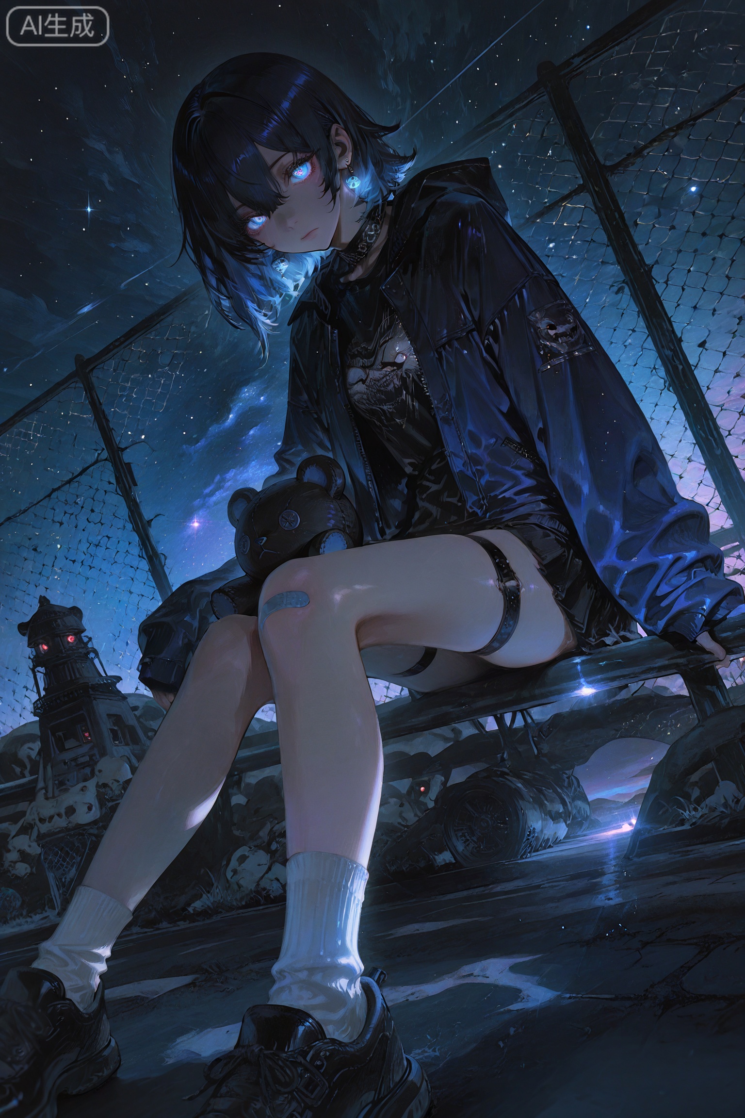 night,night sky,universe sky,universe,
masterpiece, best quality, 8K, ultra-high resolution,
asian inspire,Digital art scene illustration,lineart,//
ultra-detailed,8k,absurdres,
dynamic angle,sharp focus,soft lighting,illustration style,
very aesthetic,bright,kawaii,sparkles,//,
scattered light particles,volumetric lighting,glowing,
dramatic shadow,artificial lighting,//,
1girl,chain-link fence,fence,jacket,solo,stuffed toy,looking at viewer,short hair,blue hair,stuffed animal,sitting,socks,holding,bangs,long sleeves,thigh strap,jewelry,earrings,night,blue jacket,outdoors,hair between eyes,blue eyes,black hair,shoes,sleeves past wrists,white socks,hood,open clothes,open jacket,closed mouth,bandaid, //, Digital art,illustration,masterpiece,best quality,urban environment,vibrant colors,mysterious ambiance, Delicate eyes,delicate face,extremely detailed CG unity 8k wallpaper,extremely detailed,High Detail,vibrant colors,absolutely eye-catching,ambient occlusion,raytracing,very aesthetic,absurdres,depth of field,newest,