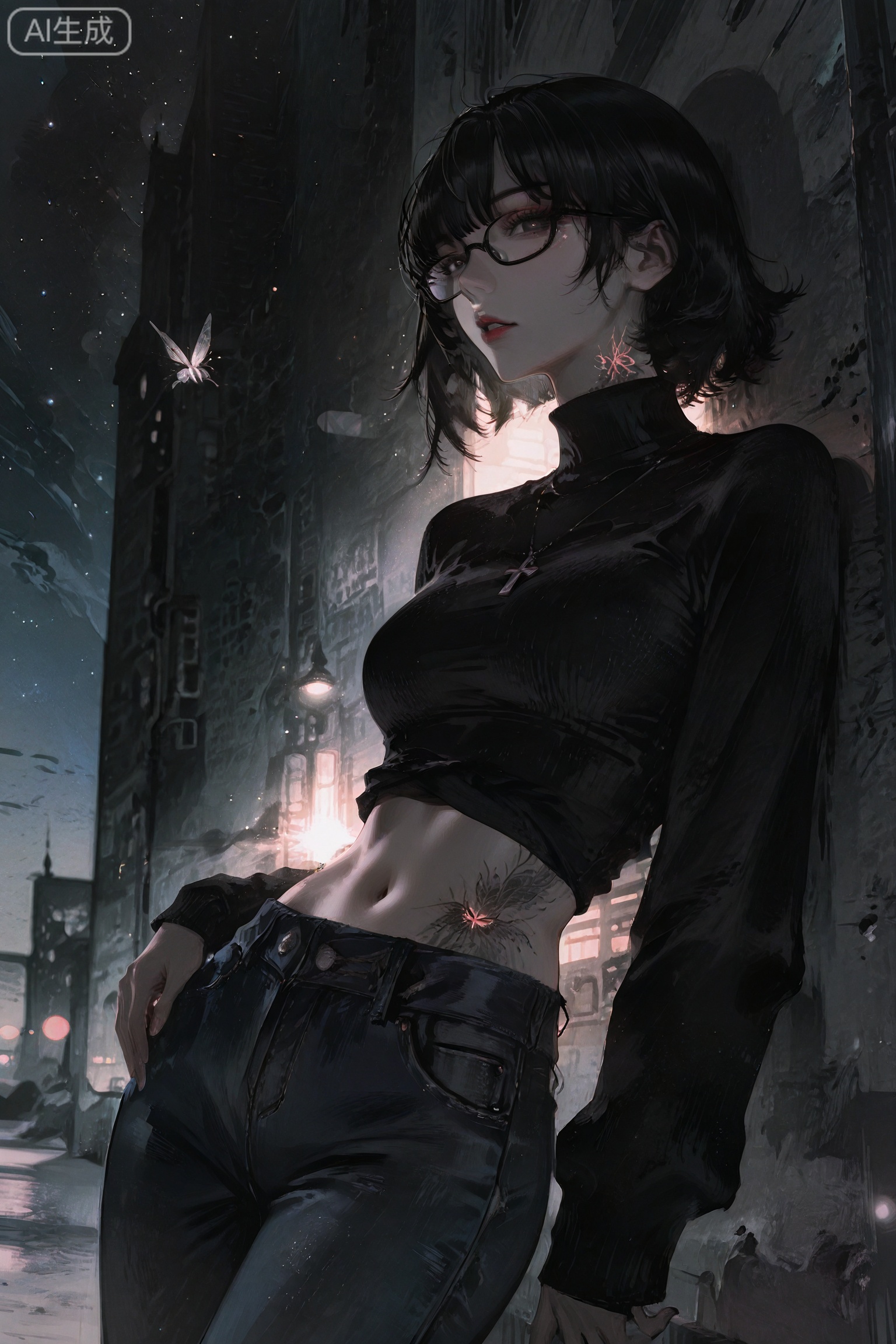 night,night sky,universe sky,universe,
masterpiece, best quality, 8K, ultra-high resolution,
asian inspire,Digital art scene illustration,lineart,//
ultra-detailed,8k,absurdres,
dynamic angle,sharp focus,soft lighting,illustration style,
very aesthetic,bright,kawaii,sparkles,//,
scattered light particles,volumetric lighting,glowing,
dramatic shadow,artificial lighting,//,
1girl,((solo)),tattoo,short hair,midriff,glasses,navel,necklace,jewelry,black hair,denim,turtleneck,sweater,looking at viewer,turtleneck sweater,pants,jeans,crop top,black-framed eyewear,clothes lift,backlighting,stomach tattoo,sweater lift,dutch angle,black sweater,lips,cross necklace,blurry,stomach,breasts,bangs,cowboy shot,long sleeves,sunlight,blurry background,standing,realistic,cross,medium breasts,bug,cropped sweater,black eyes,nose,spider,parted lips,outdoors,depth of field,closed mouth,inverted cross,makeup,Woman with glasses leaning against building wall. She is wearing a black shirt and has an intricate tattoo on her forearm. The image has a blurred background and the lighting appears soft. It seems to be an artistic portrait with a dark emotional tone,suggesting introspection or melancholy.,