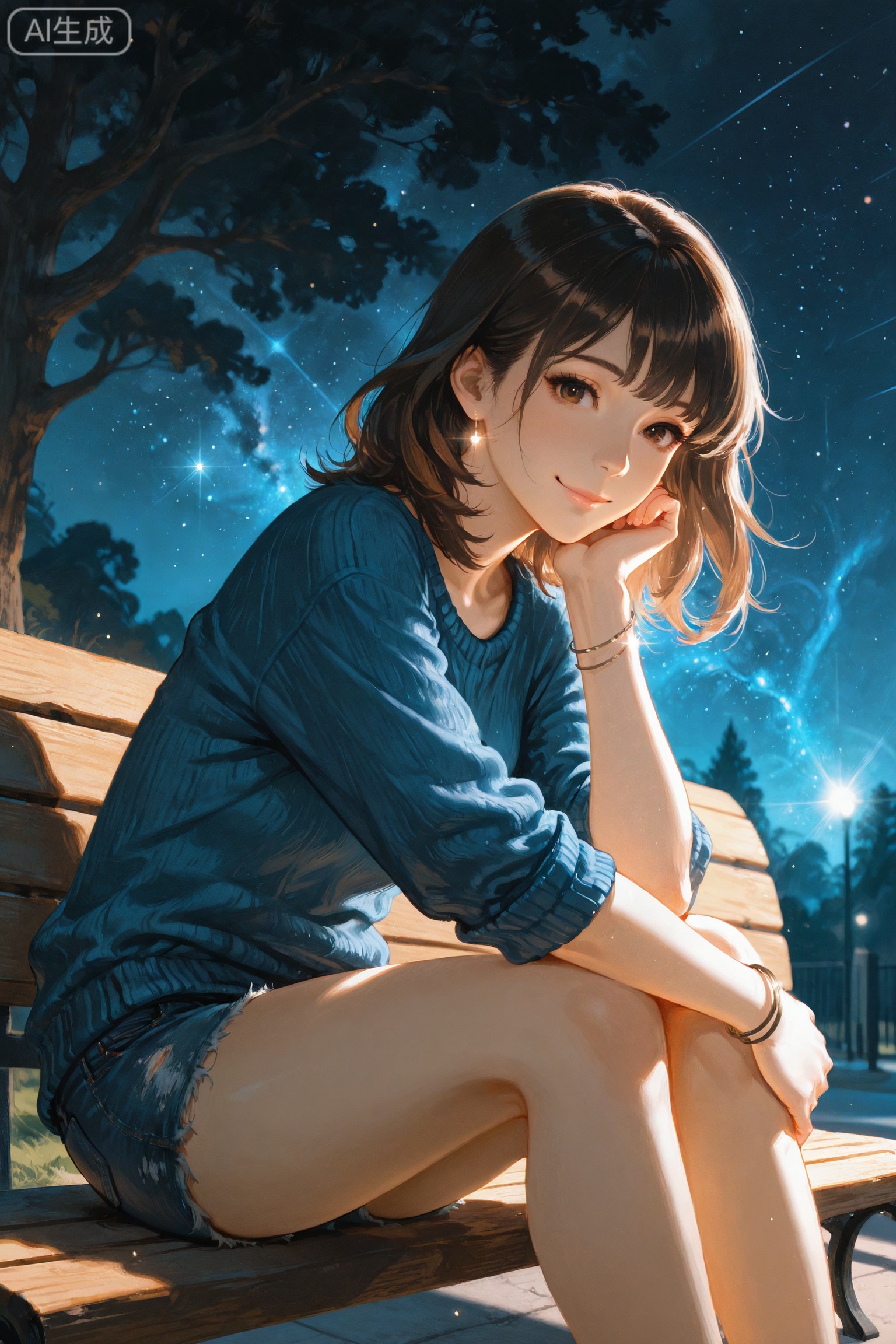 night,night sky,universe sky,universe,
masterpiece, best quality, 8K, ultra-high resolution,
asian inspire,Digital art scene illustration,lineart,//
ultra-detailed,8k,absurdres,
dynamic angle,sharp focus,soft lighting,illustration style,
very aesthetic,bright,kawaii,sparkles,//,
scattered light particles,volumetric lighting,glowing,
dramatic shadow,artificial lighting,//,
1girl,solo,shorts,sitting,jewelry,denim,bracelet,denim shorts,sweater,outdoors,short shorts,looking at viewer,realistic,bench,blurry,blue sweater,smile,brown eyes,black hair,blurry background,medium hair,brown hair,day,sleeves rolled up,sleeves pushed up,lips,blue shorts,shirt,depth of field,fence,tree,bangs,closed mouth,sunlight,cutoffs,A female figure sits on a bench in a park,casually dressed in a blue sweater and denim shorts,holding her knees with hands. She appears contemplative or introspective. The image has a soft,warm tone with ample natural light creating a serene atmosphere.,