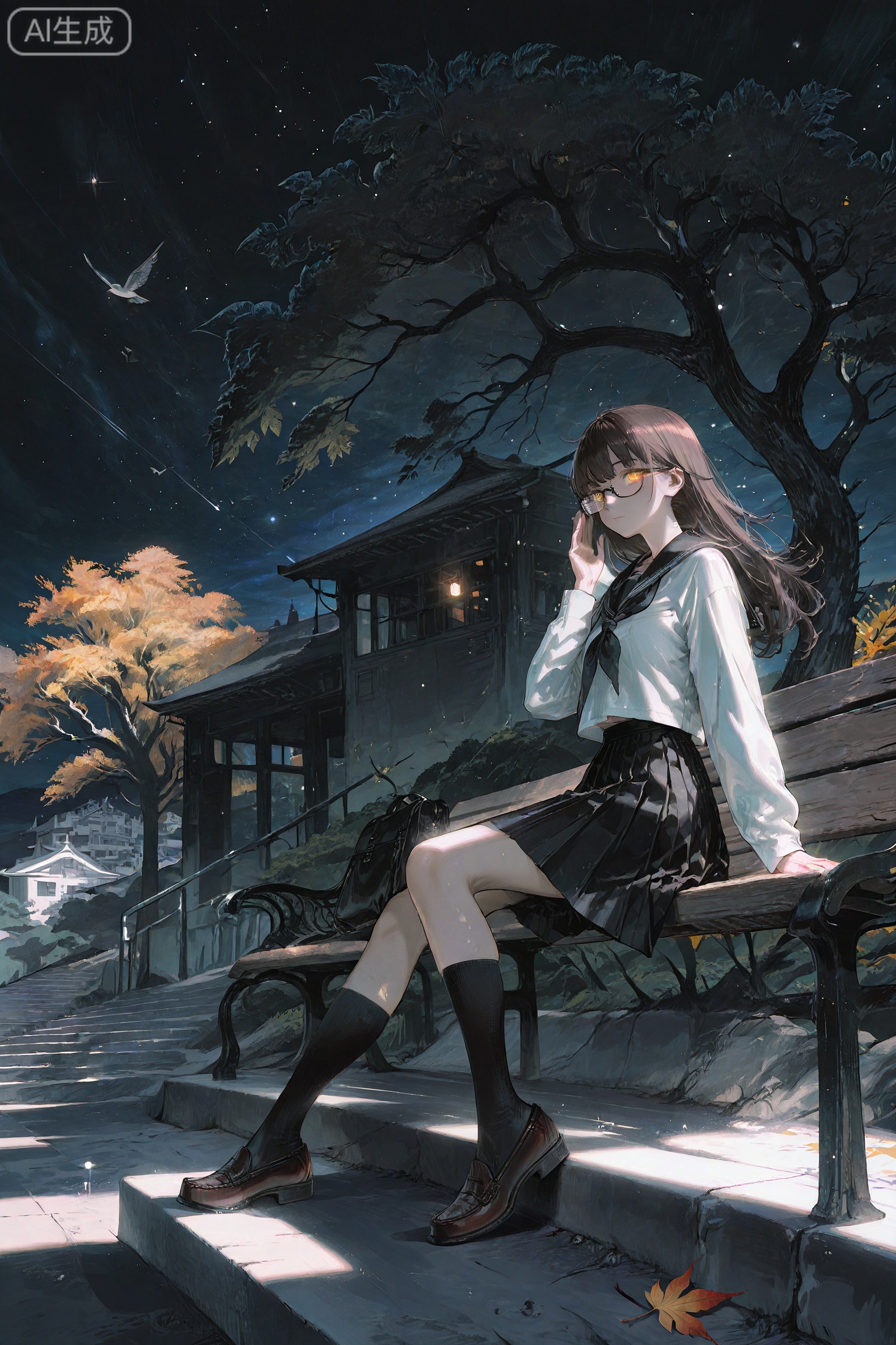 night,night sky,universe sky,universe,
masterpiece, best quality, 8K, ultra-high resolution,
asian inspire,Digital art scene illustration,lineart,//
ultra-detailed,8k,absurdres,
dynamic angle,sharp focus,soft lighting,illustration style,
very aesthetic,bright,kawaii,sparkles,//,
scattered light particles,volumetric lighting,glowing,
dramatic shadow,artificial lighting,//,
 1girl,solo,bird,tree,sitting,outdoors,skirt,socks,long sleeves,shirt,black skirt,shoes,wide shot,black socks,school uniform,sailor collar,shadow,building,leaf,white shirt,bag,kneehighs,day,black footwear,long hair,serafuku,stairs,neckerchief,dappled sunlight,sunlight,glasses,brown hair,loafers,brown footwear,bangs,scenery,pleated skirt,black sailor collar,jaggy lines,black hair,bench,looking at viewer,oekaki,autumn leaves,from side,from far,