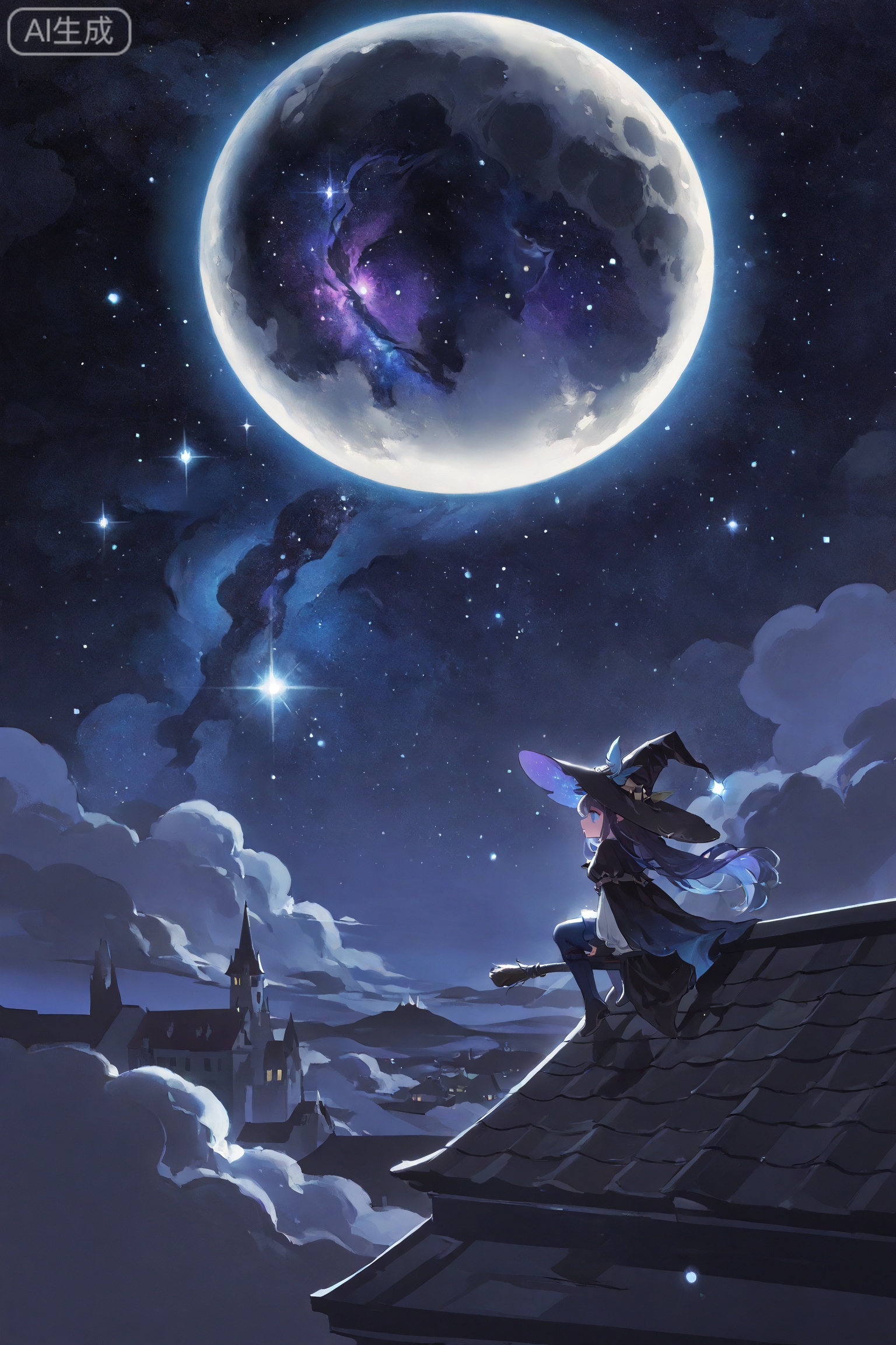 masterpiece, best quality, 8K, ultra-high resolution,
asian inspire,Digital art scene illustration,lineart,//
ultra-detailed,8k,absurdres,
dynamic angle,sharp focus,soft lighting,illustration style,
very aesthetic,bright,kawaii,sparkles,//,
scattered light particles,volumetric lighting,glowing,
dramatic shadow,artificial lighting,//,
a girl sitting on a roof looking at far,European castle,witch costume,moon, cosmic stars,star \(sky\),sky,cloud,scenery,starry sky,starry sky,space,scenery,galaxy,night,night sky,purple and blue,