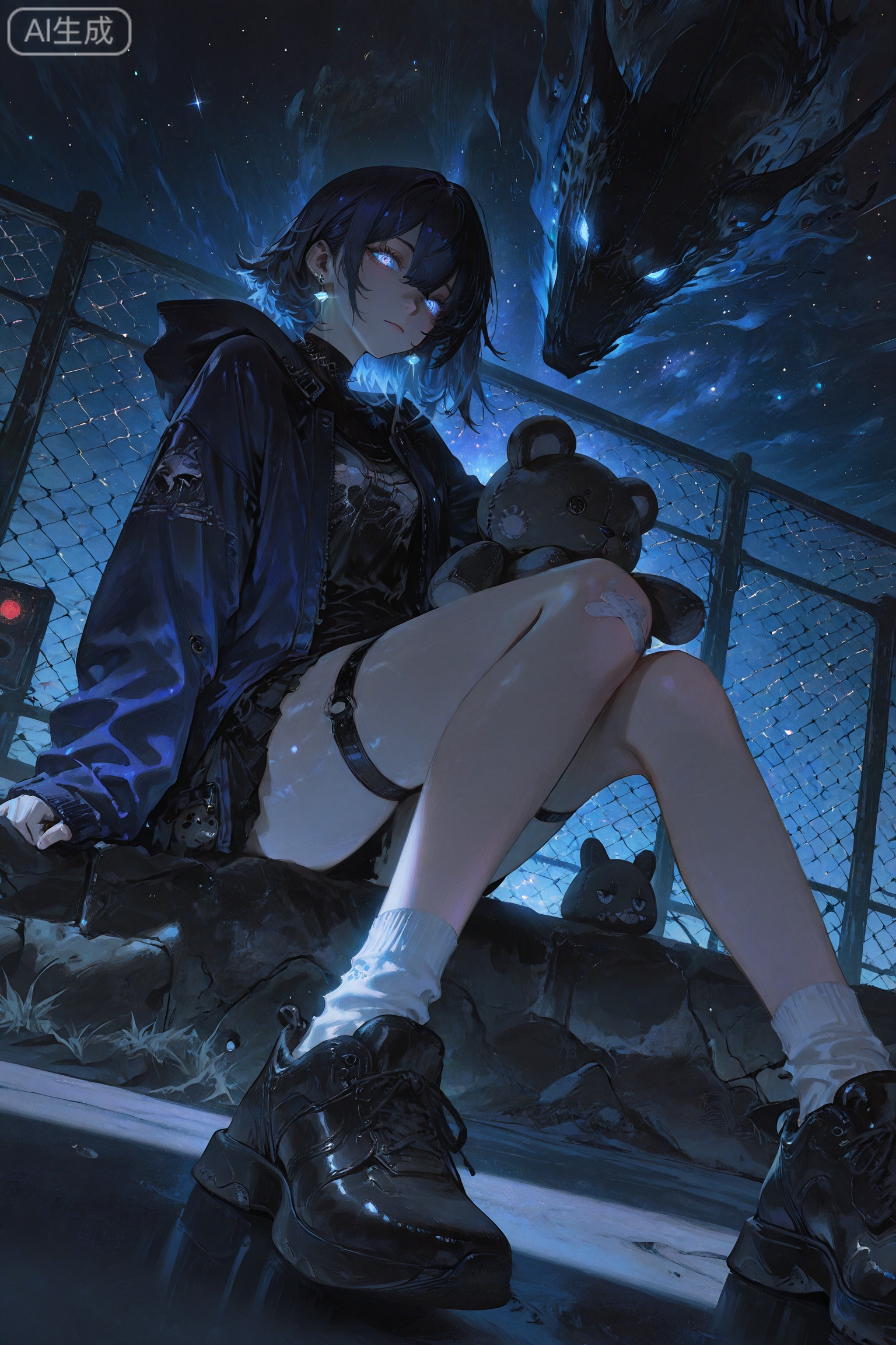 night,night sky,universe sky,universe,
masterpiece, best quality, 8K, ultra-high resolution,
asian inspire,Digital art scene illustration,lineart,//
ultra-detailed,8k,absurdres,
dynamic angle,sharp focus,soft lighting,illustration style,
very aesthetic,bright,kawaii,sparkles,//,
scattered light particles,volumetric lighting,glowing,
dramatic shadow,artificial lighting,//,
1girl,chain-link fence,fence,jacket,solo,stuffed toy,looking at viewer,short hair,blue hair,stuffed animal,sitting,socks,holding,bangs,long sleeves,thigh strap,jewelry,earrings,night,blue jacket,outdoors,hair between eyes,blue eyes,black hair,shoes,sleeves past wrists,white socks,hood,open clothes,open jacket,closed mouth,bandaid, //, Digital art,illustration,masterpiece,best quality,urban environment,vibrant colors,mysterious ambiance, Delicate eyes,delicate face,extremely detailed CG unity 8k wallpaper,extremely detailed,High Detail,vibrant colors,absolutely eye-catching,ambient occlusion,raytracing,very aesthetic,absurdres,depth of field,newest,