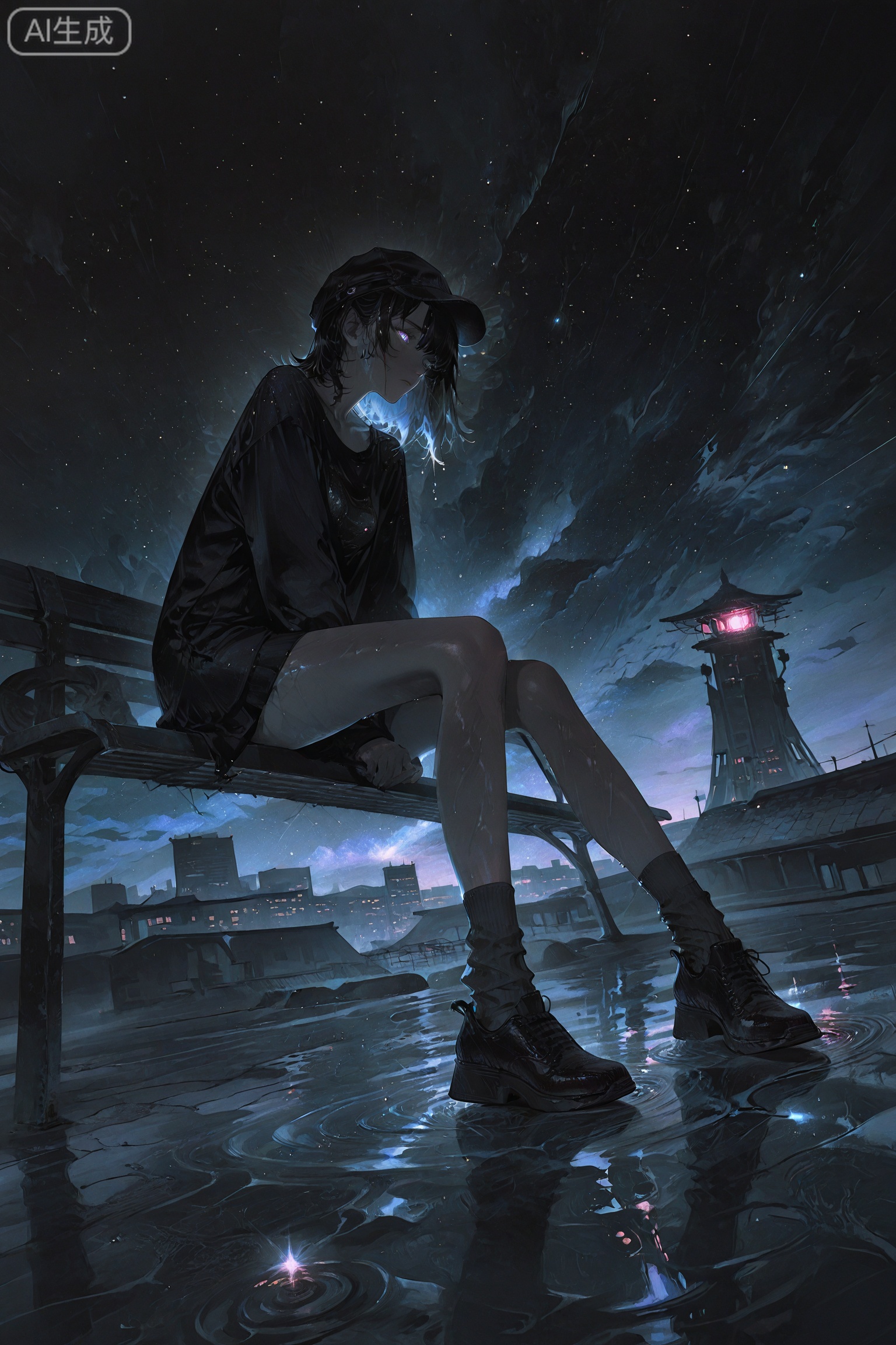 night,night sky,universe sky,universe,
masterpiece, best quality, 8K, ultra-high resolution,
asian inspire,Digital art scene illustration,lineart,//
ultra-detailed,8k,absurdres,
dynamic angle,sharp focus,soft lighting,illustration style,
very aesthetic,bright,kawaii,sparkles,//,
scattered light particles,volumetric lighting,glowing,
dramatic shadow,artificial lighting,//,
 luxurious and gorgeous, In the rain, on the rooftop, a girl sits on a bench, wearing clothes, hats, and long socks, creating a sad atmosphere. In the distance, there is a city night scene, with water on the ground and ripples. The girl lowers her head, wet hair, and wet clothes