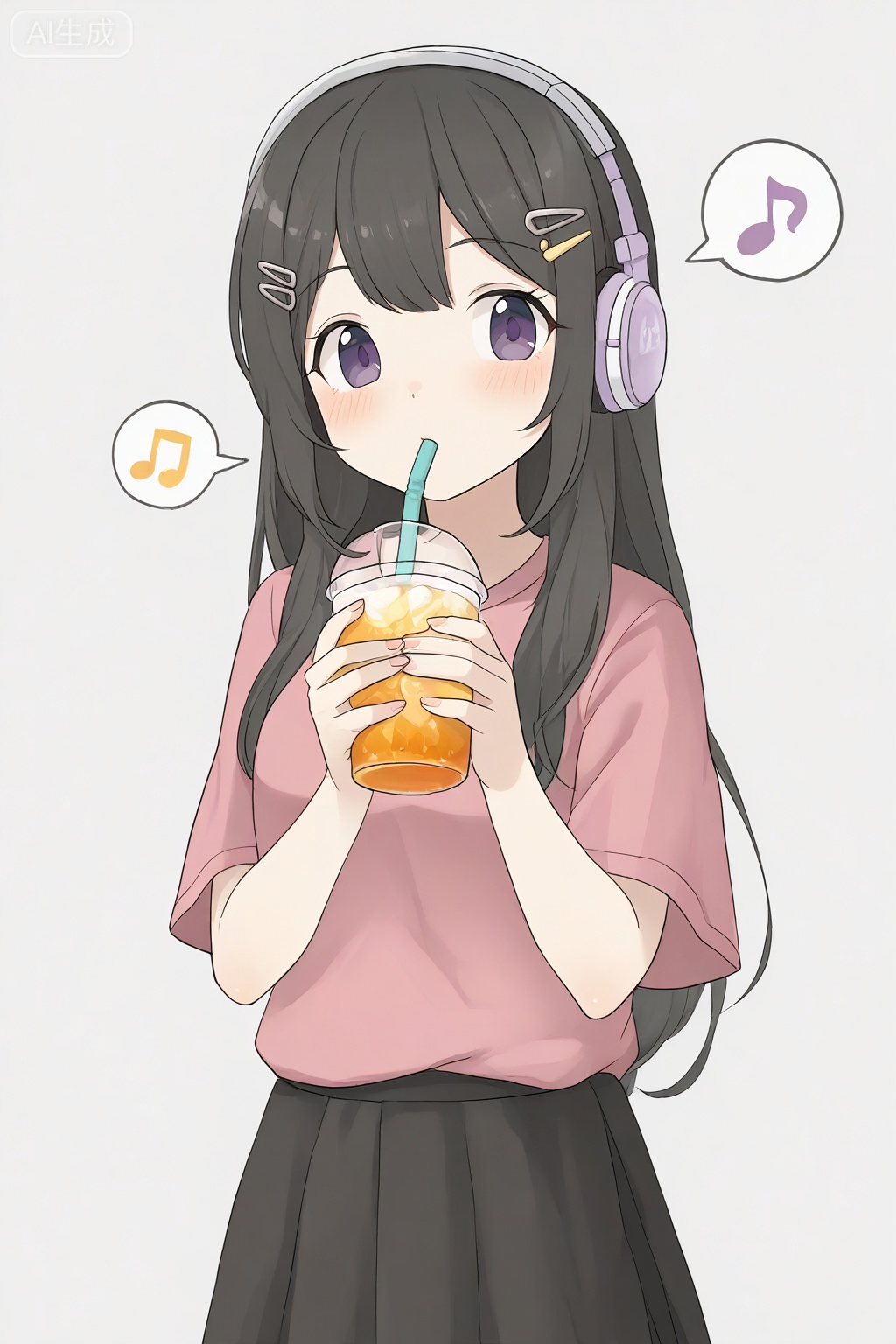 egtachie01,1girl,black hair,black skirt,blush,drink,drinking,drinking straw,eighth note,hair ornament,hairclip,headphones,holding,holding drink,long hair,musical note,pink shirt,purple eyes,shirt,short sleeves,skirt,solo,spoken musical note,upper body, 