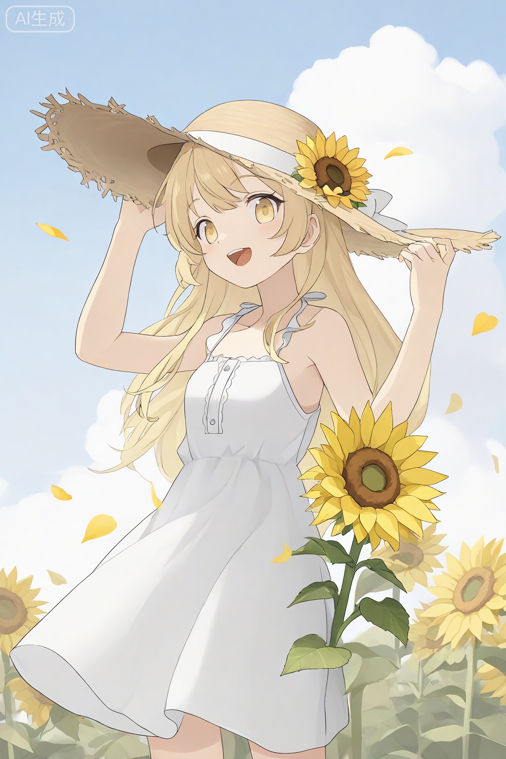 egtachie01,1girl,blonde hair,brown hat,cloud,cloudy sky,day,dress,flower,hat,long hair,open mouth,outdoors,petals,sky,sleeveless,sleeveless dress,smile,solo,straw hat,sundress,sunflower,white dress,yellow eyes,yellow flower, 