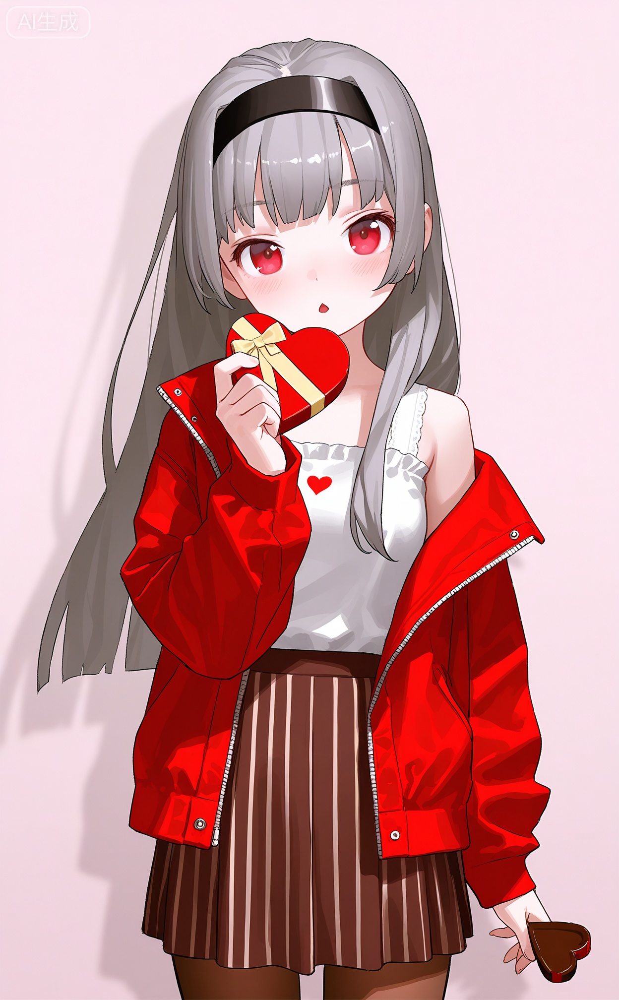 egtachie01,1girl,bare shoulders,black hairband,box,box of chocolates,brown pantyhose,brown skirt,candy,chestnut mouth,chocolate,food,grey hair,hairband,hand up,heart,heart-shaped box,heart-shaped chocolate,heart-shaped food,heart print,holding,holding box,holding chocolate,holding food,jacket,long hair,looking at viewer,off shoulder,open clothes,open jacket,pantyhose,parted lips,red eyes,red jacket,skirt,solo,standing,striped clothes,striped skirt, (artist:murata range:0.7)(reoen:1.1),(artist:rei \(sanbonzakura\),（artist:sho \(sho lwlw\),(artist:ask \(askzy\):0.7),