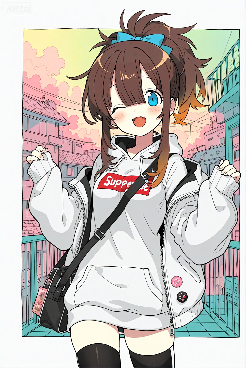 egtachie01,(artist:mazjojo:0.67), (artist:pigeon666:0.83), (artist:zawar379:0.73), (artist:remsrar:0.65), nub1mo, unnamed_style_4, 1girl, little girl, long hair, cutie, font view, best quality, highres, absurdres, aesthetic, very aesthetic, 
1girl,;d,badge,bag,black thighhighs,blue eyes,blunt bangs,blush,brand name imitation,breasts,brown hair,button badge,cowboy shot,hood,hoodie,jacket,long hoodie,long sleeves,looking at viewer,medium breasts,one eye closed,open clothes,open jacket,outdoors,pinching sleeves,short hair with long locks,shoulder bag,sleeves past wrists,smile,solo,supreme (brand),thighhighs,thighs,white hoodie,white jacket,zettai ryouiki,zipper,
(flat shading:1.2),rooftop edge,straight posture,
high color contrast,vivid warmth,geometric composition,sharp linework,modern digital style,
limited color palette,artist:morino hon's color blocking,artist:nuu 's shape design,artist:mikeymegamega 's perspective,
digital painting,clean vector lines,gradient transitions,hard edge lighting,left-weighted layout,photo frame border,aspect ratio,color field background,smooth gradients,
best quality, highres, absurdres, aesthetic, very aesthetic/ \(medium\)/1girl,ponytail,small breasts,bowknot,hair between eyes/,loli,alke